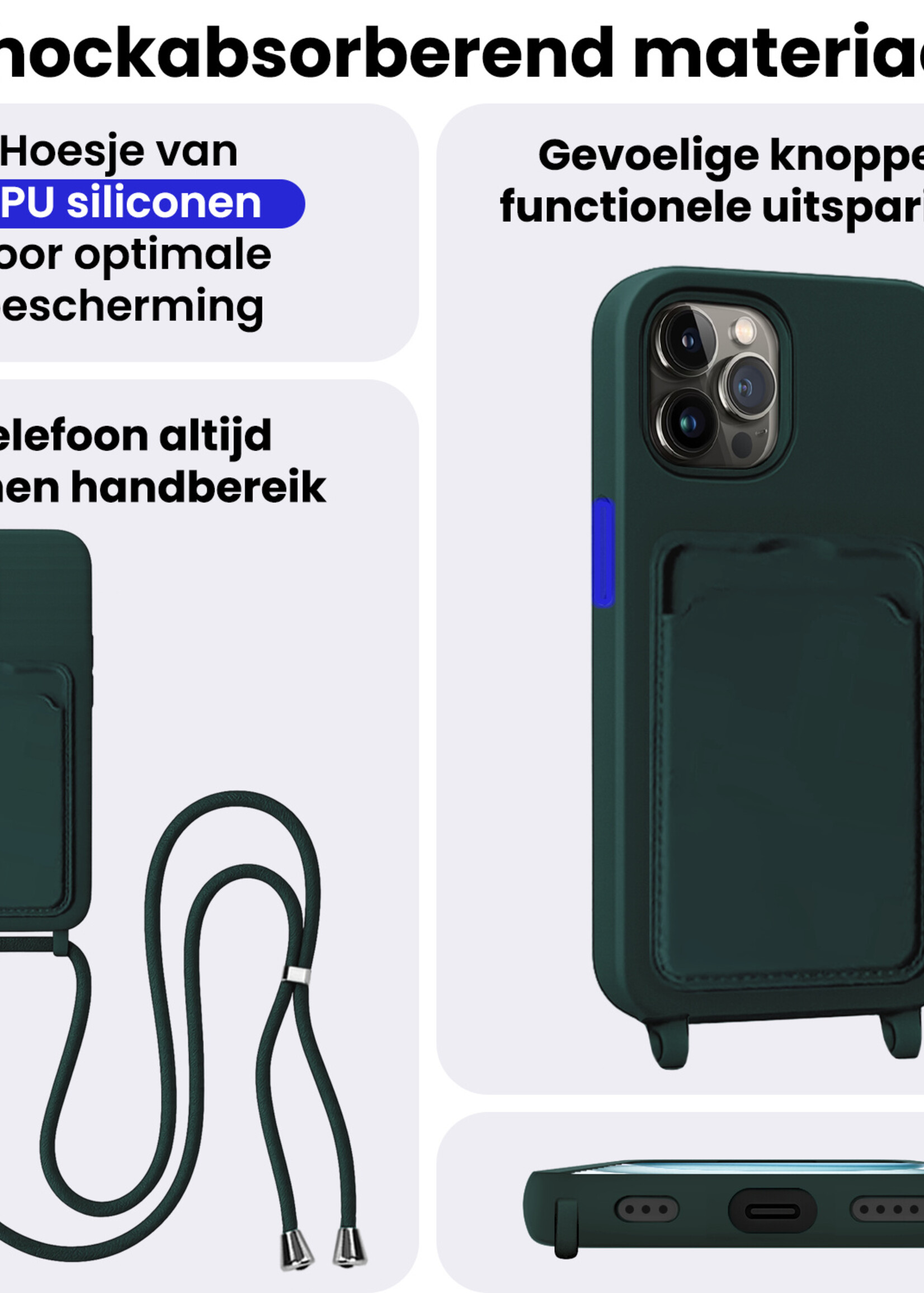 BTH BTH iPhone 15 Pro Max Hoesje Pashouder met Koord Met 2x Screenprotector - Donkergroen