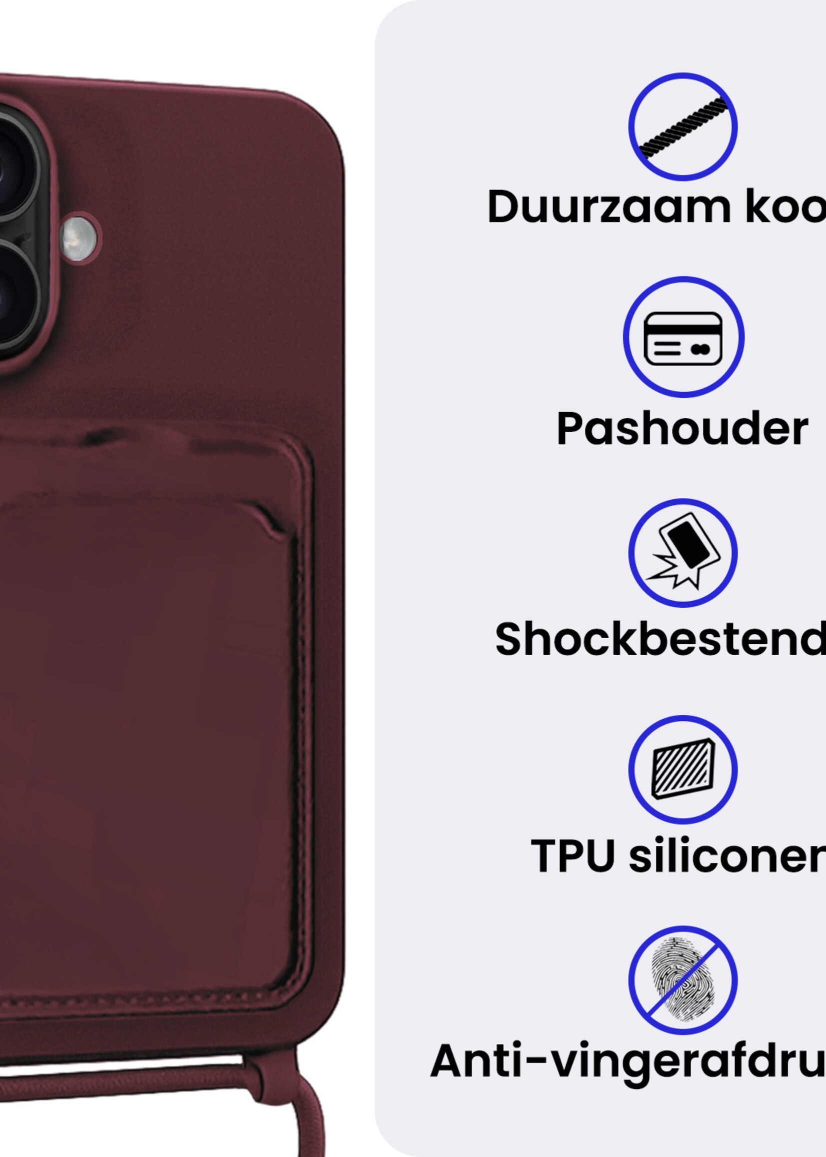 BTH BTH iPhone 16 Plus Hoesje Pashouder met Koord - Aubergine