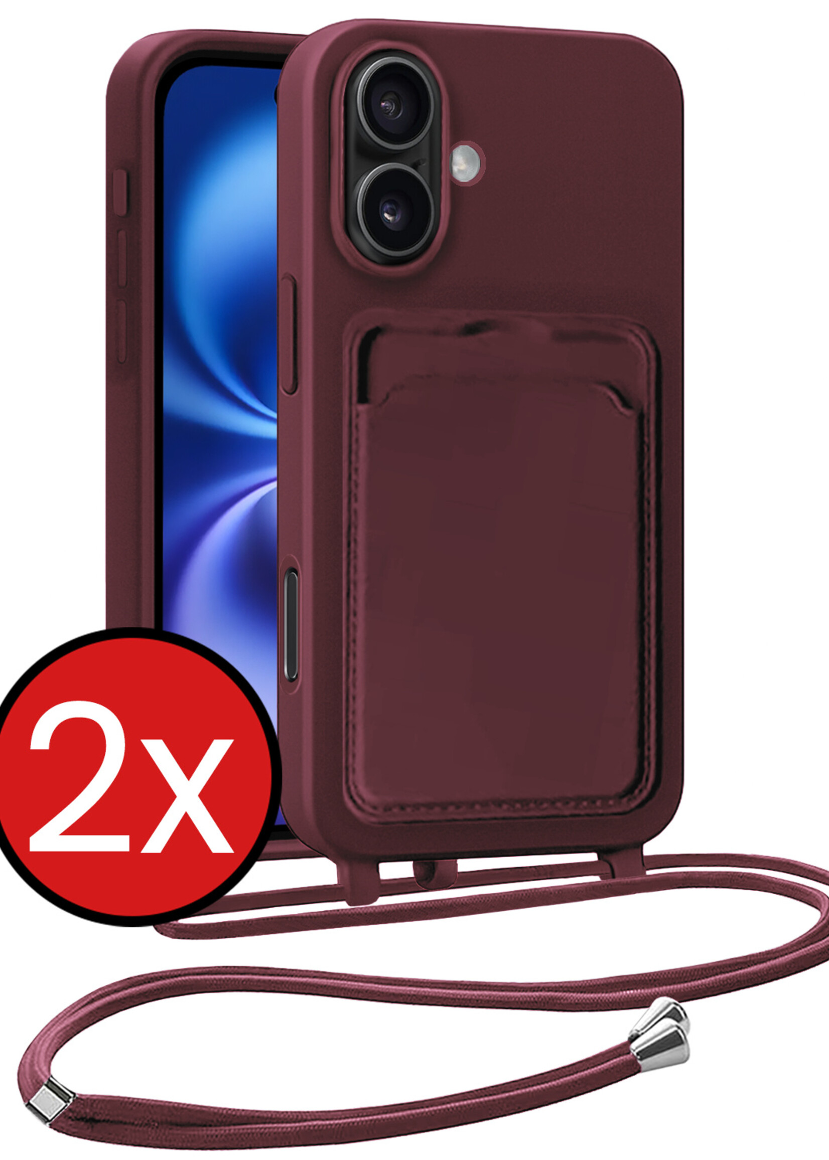BTH BTH iPhone 16 Plus Hoesje Pashouder met Koord - Aubergine - 2 PACK