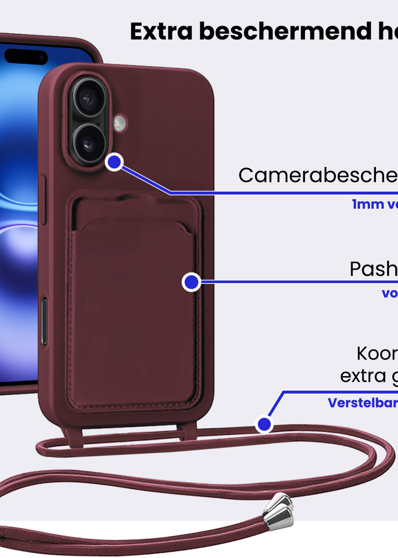 BTH BTH iPhone 16 Plus Hoesje Pashouder met Koord - Aubergine - 2 PACK