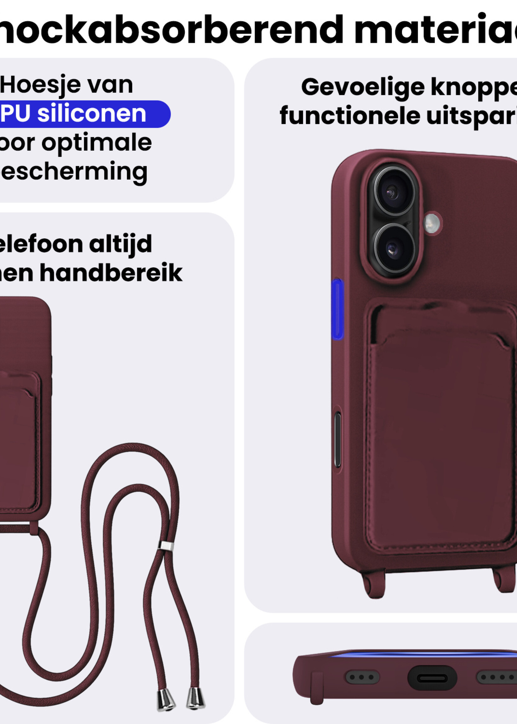 BTH BTH iPhone 16 Plus Hoesje Pashouder met Koord - Aubergine - 2 PACK