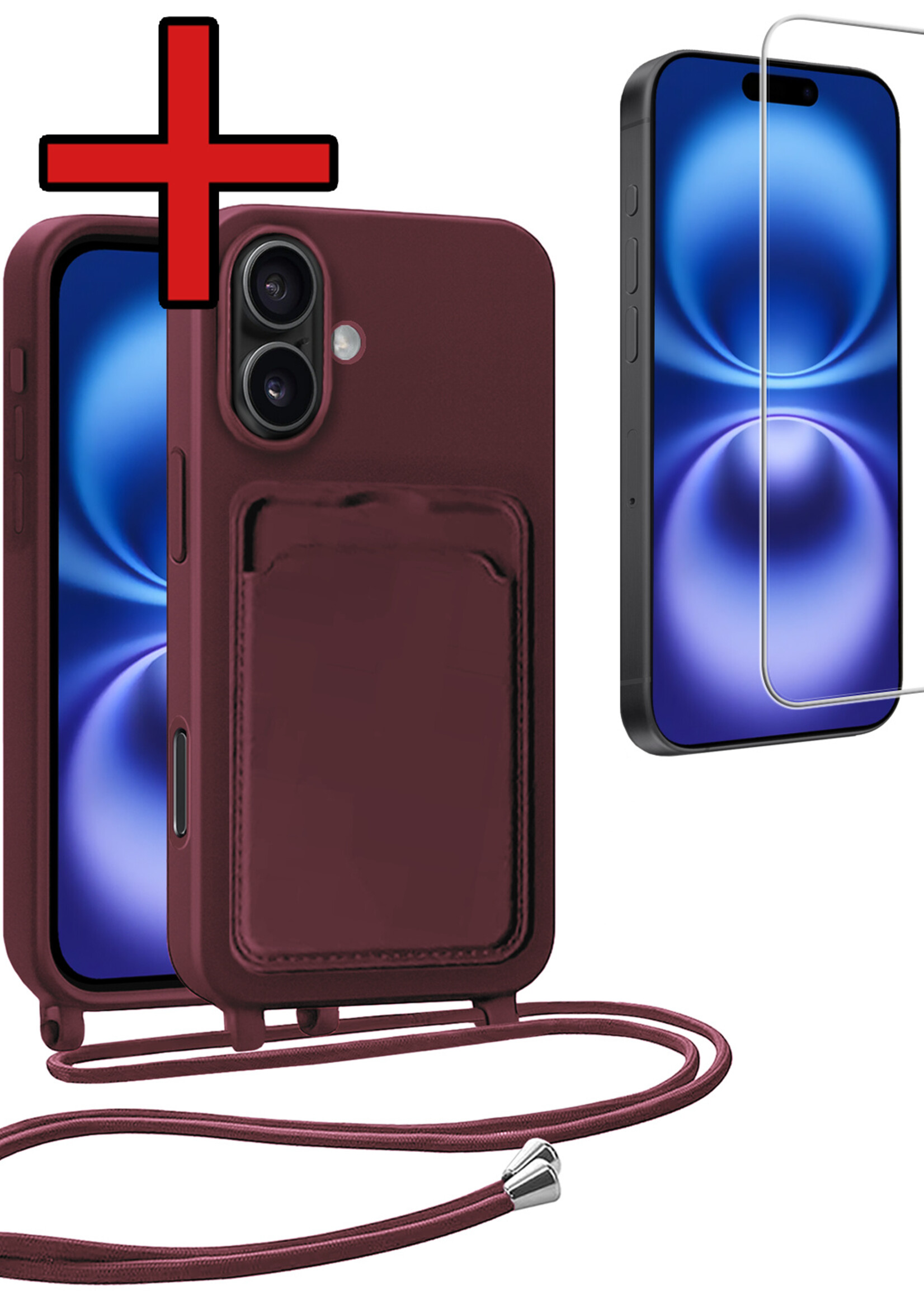 BTH BTH iPhone 16 Plus Hoesje Pashouder met Koord Met Screenprotector - Aubergine