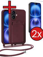 BTH BTH iPhone 16 Plus Hoesje Pashouder met Koord Met 2x Screenprotector - Aubergine