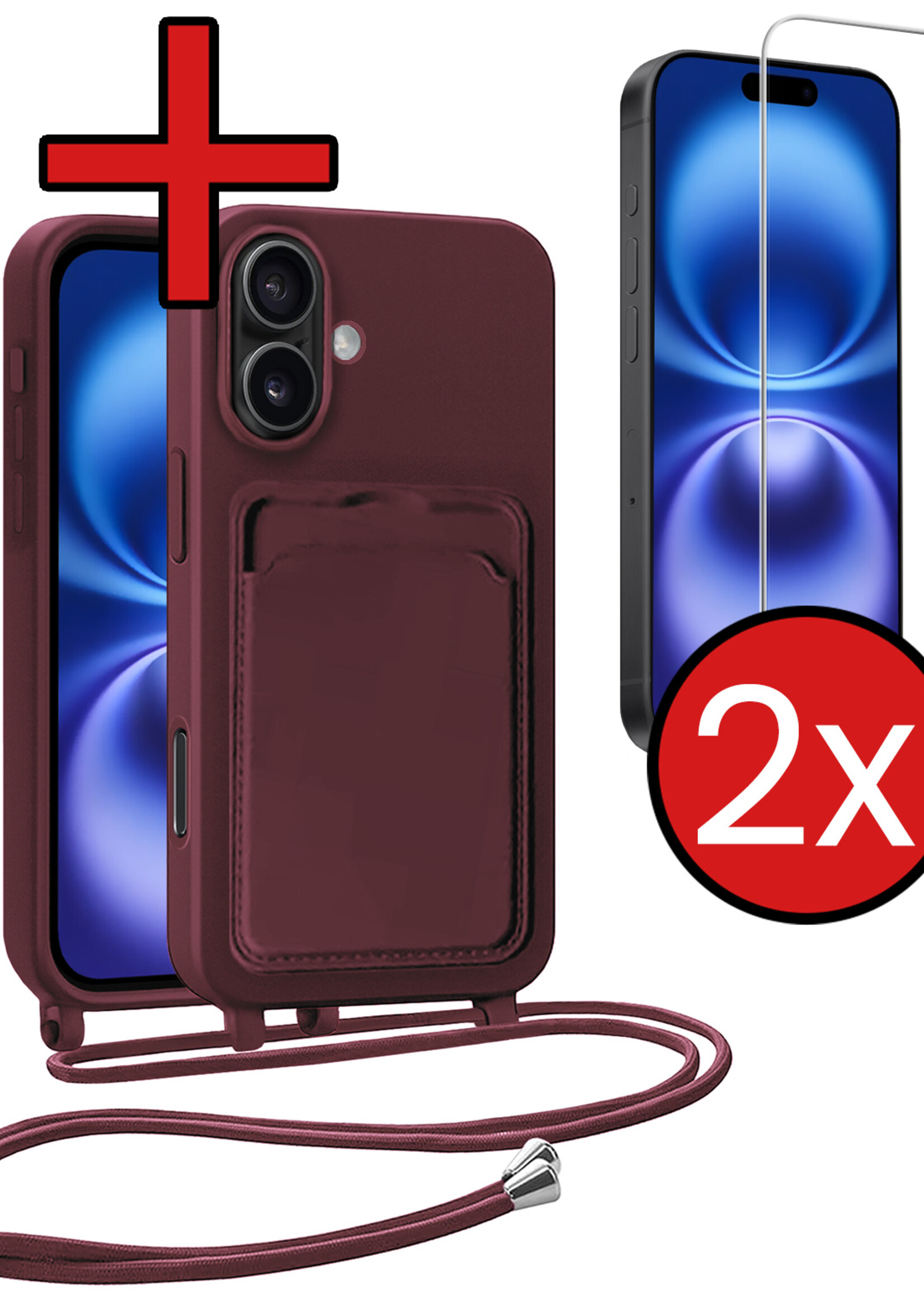 BTH BTH iPhone 16 Plus Hoesje Pashouder met Koord Met 2x Screenprotector - Aubergine