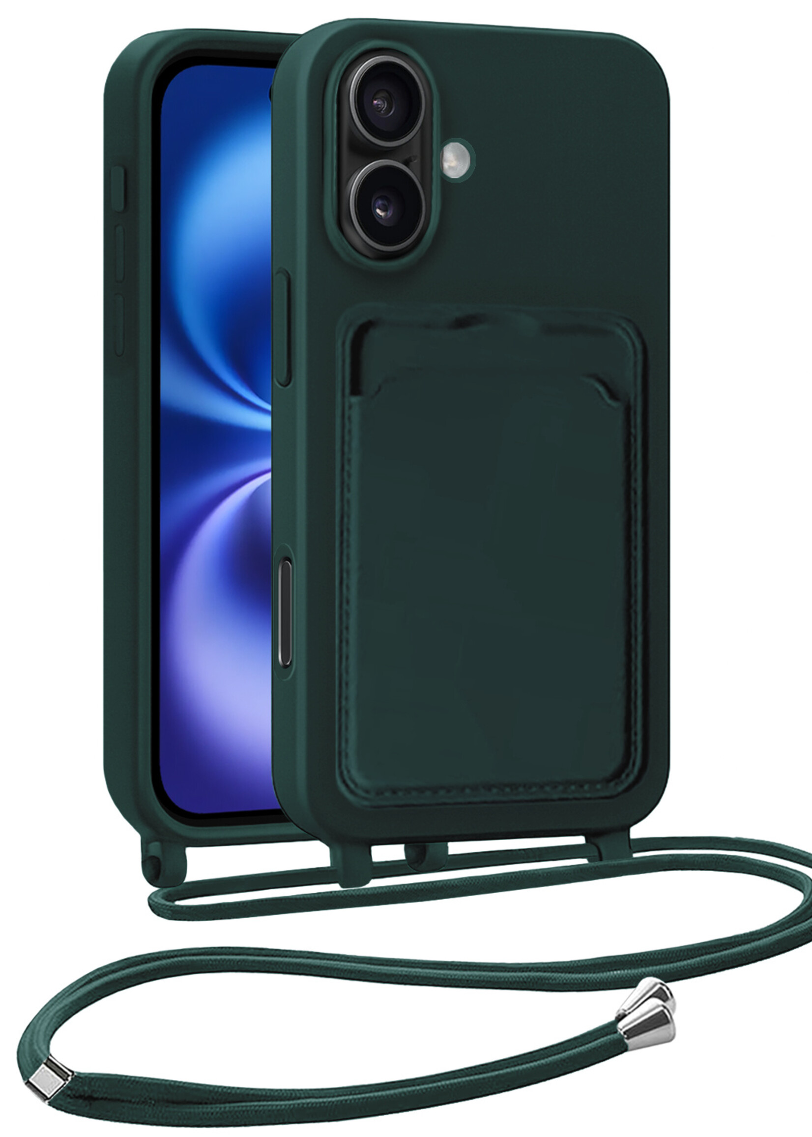 BTH BTH iPhone 16 Plus Hoesje Pashouder met Koord - Donkergroen