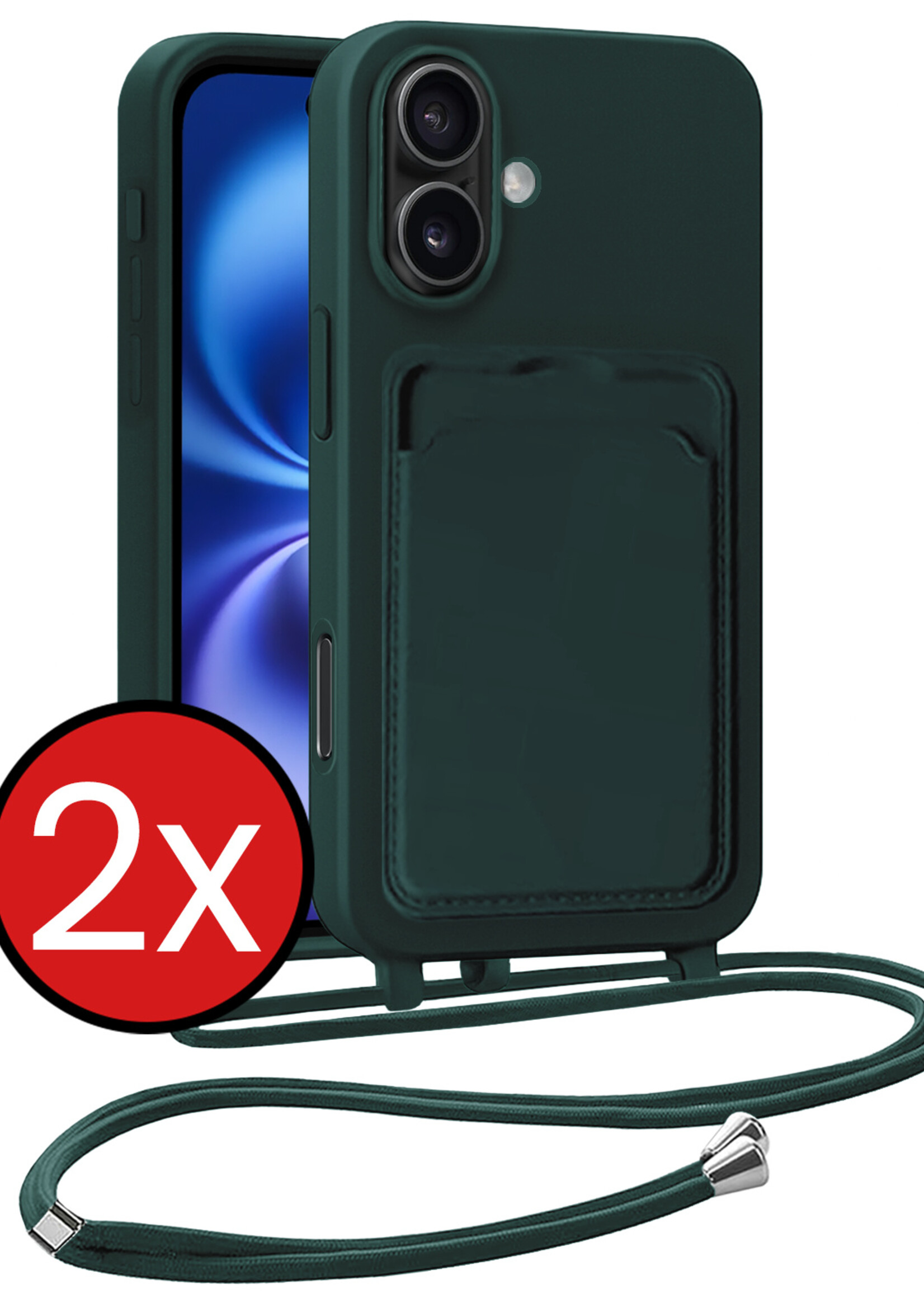 BTH BTH iPhone 16 Plus Hoesje Pashouder met Koord - Donkergroen - 2 PACK