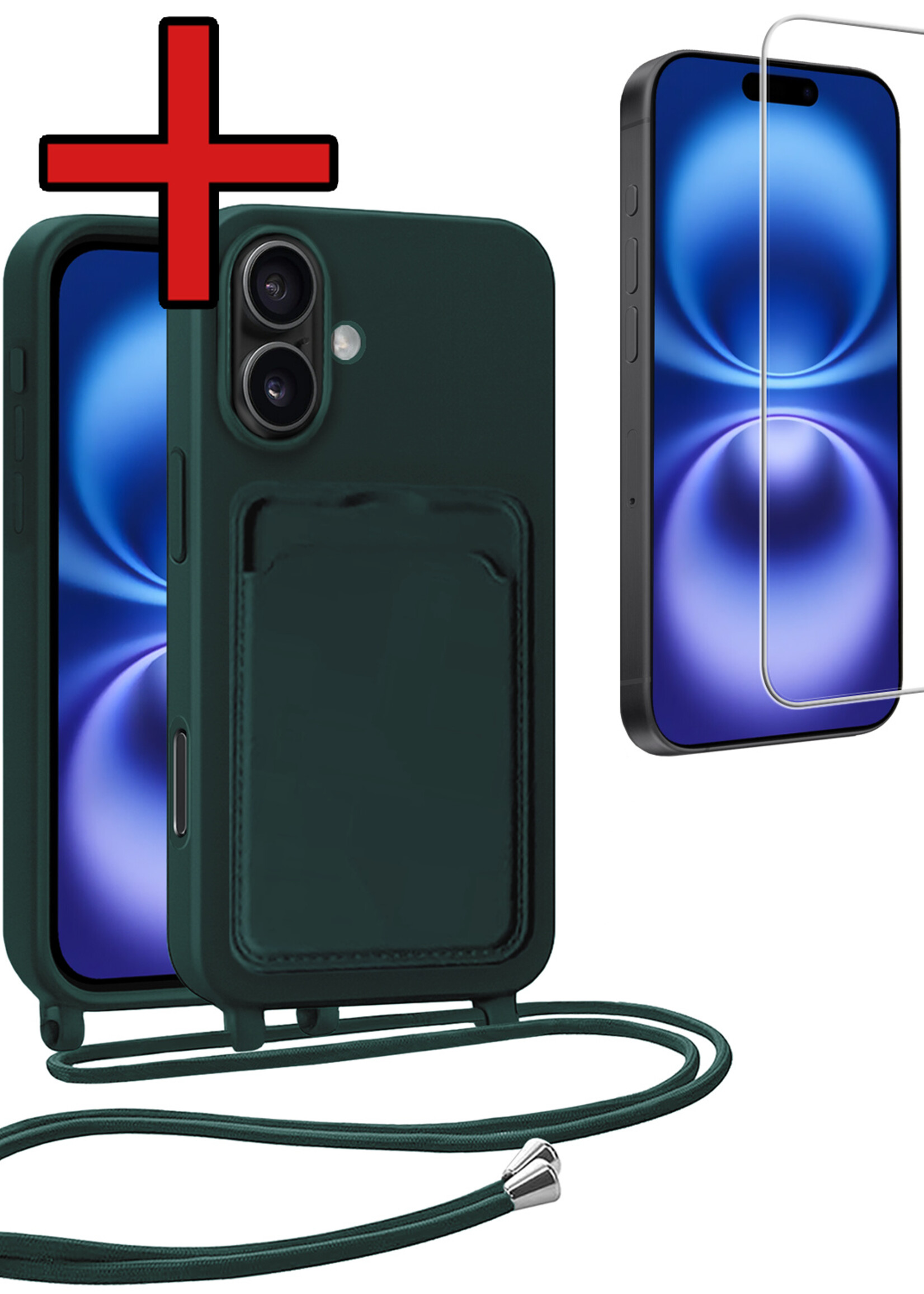 BTH BTH iPhone 16 Plus Hoesje Pashouder met Koord Met Screenprotector - Donkergroen