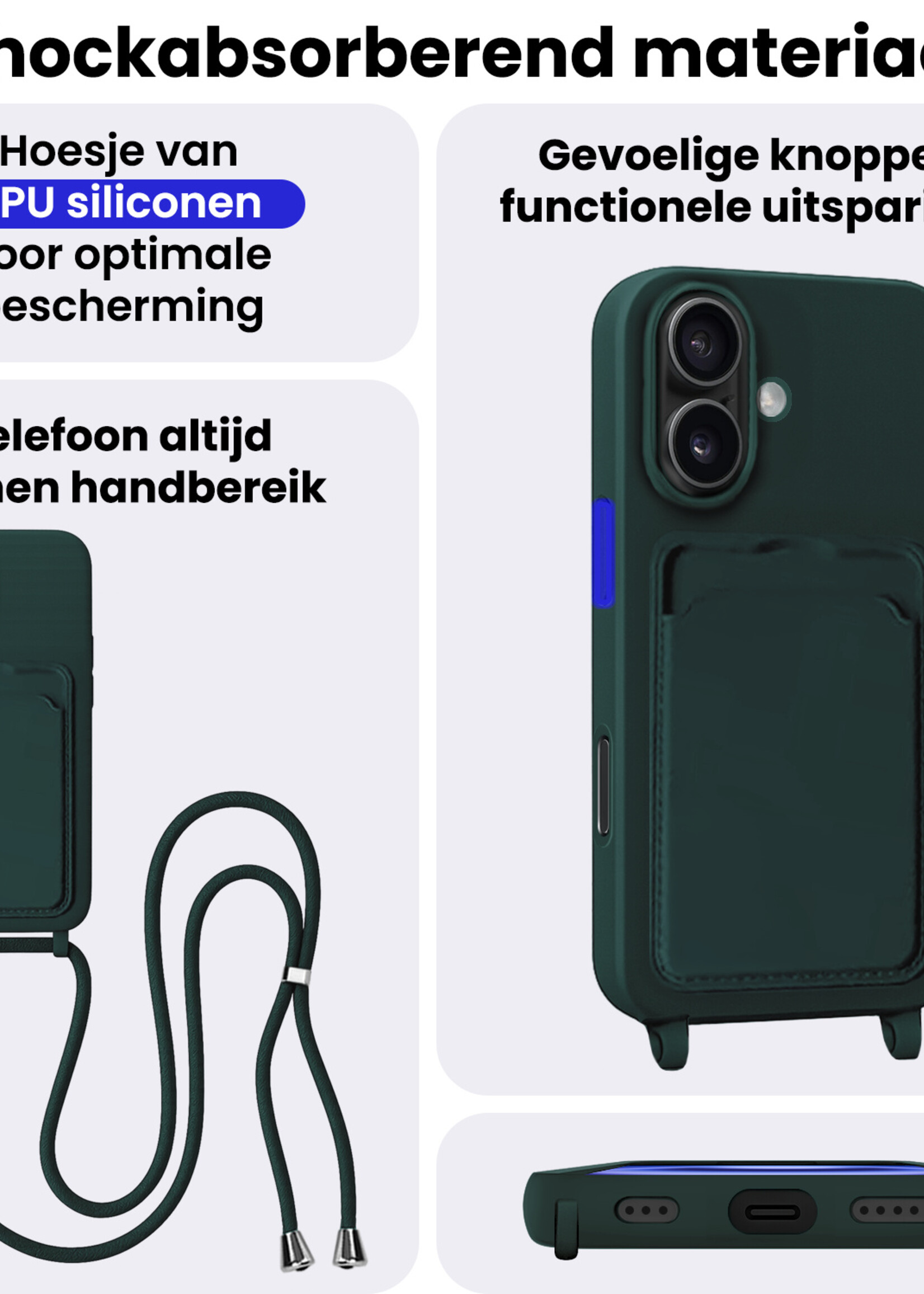 BTH BTH iPhone 16 Plus Hoesje Pashouder met Koord Met Screenprotector - Donkergroen