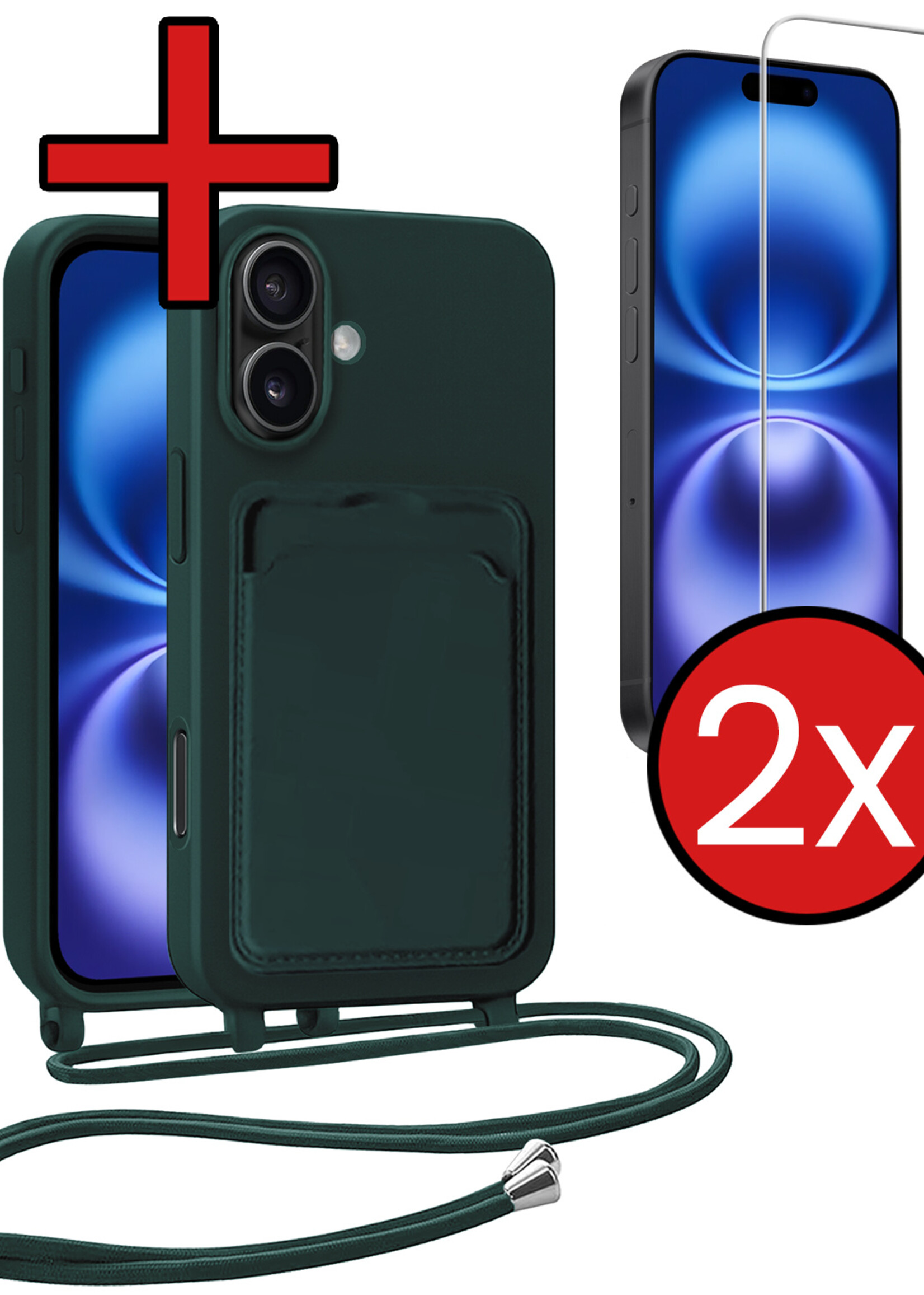 BTH BTH iPhone 16 Plus Hoesje Pashouder met Koord Met 2x Screenprotector - Donkergroen