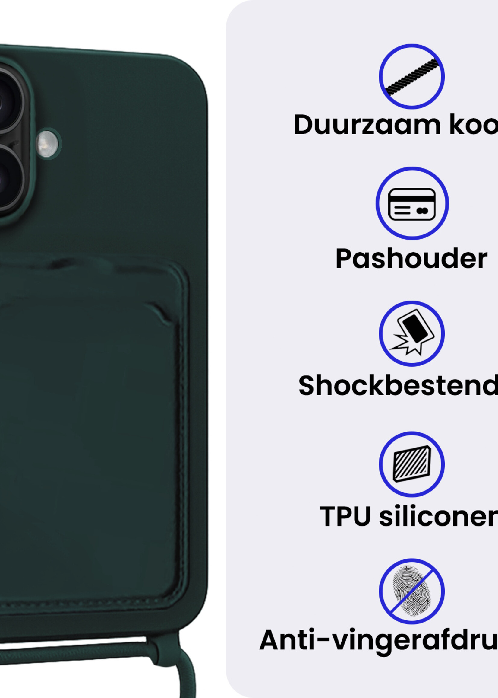 BTH BTH iPhone 16 Plus Hoesje Pashouder met Koord Met 2x Screenprotector - Donkergroen