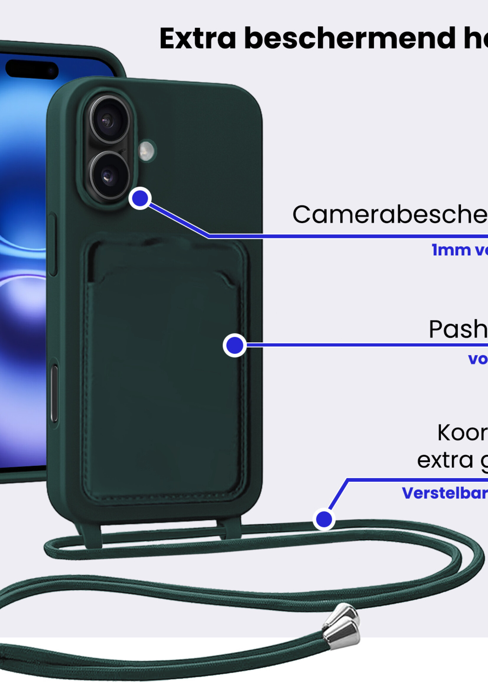 BTH BTH iPhone 16 Plus Hoesje Pashouder met Koord Met 2x Screenprotector - Donkergroen