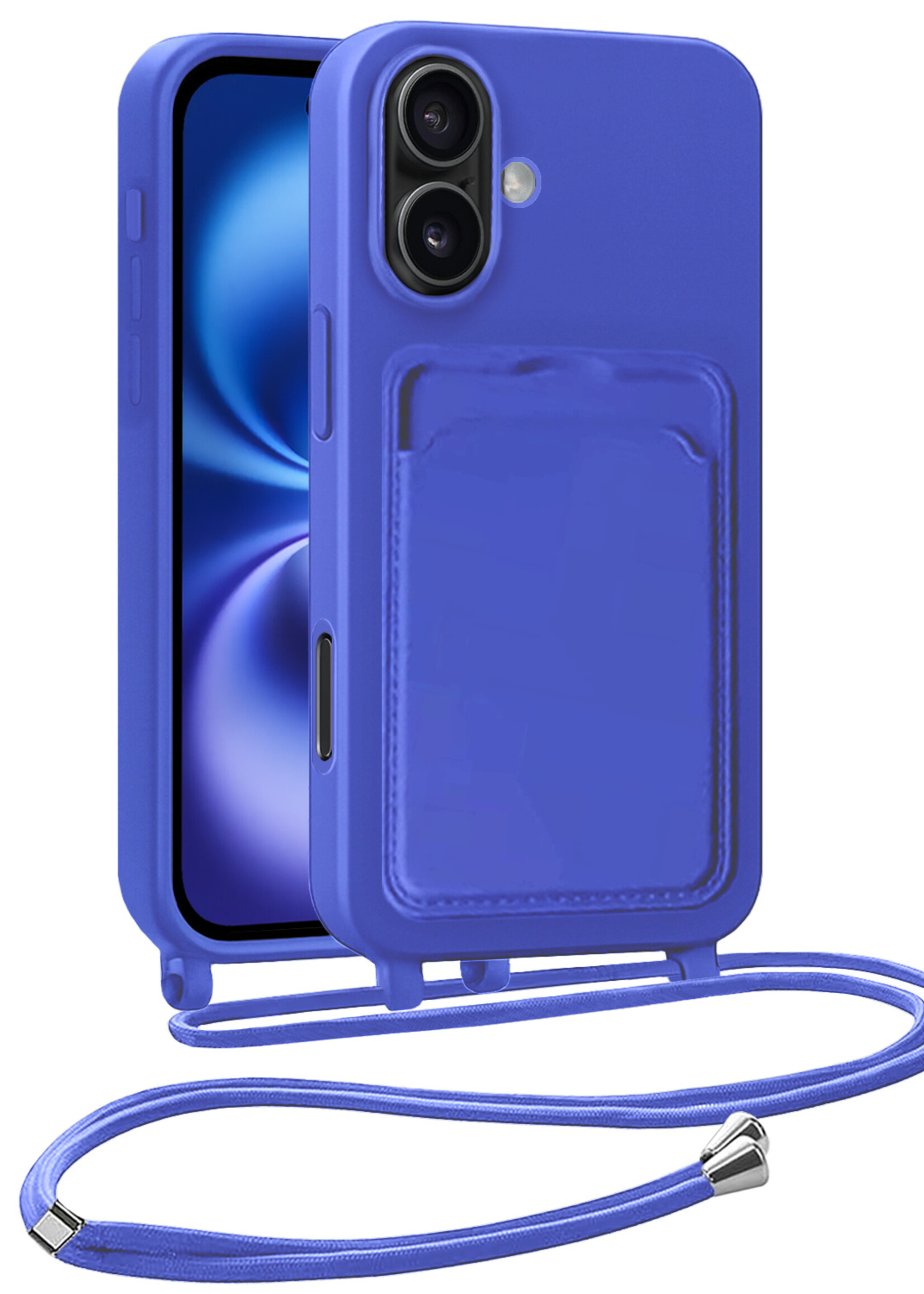 BTH BTH iPhone 16 Plus Hoesje Pashouder met Koord - Fel Blauw