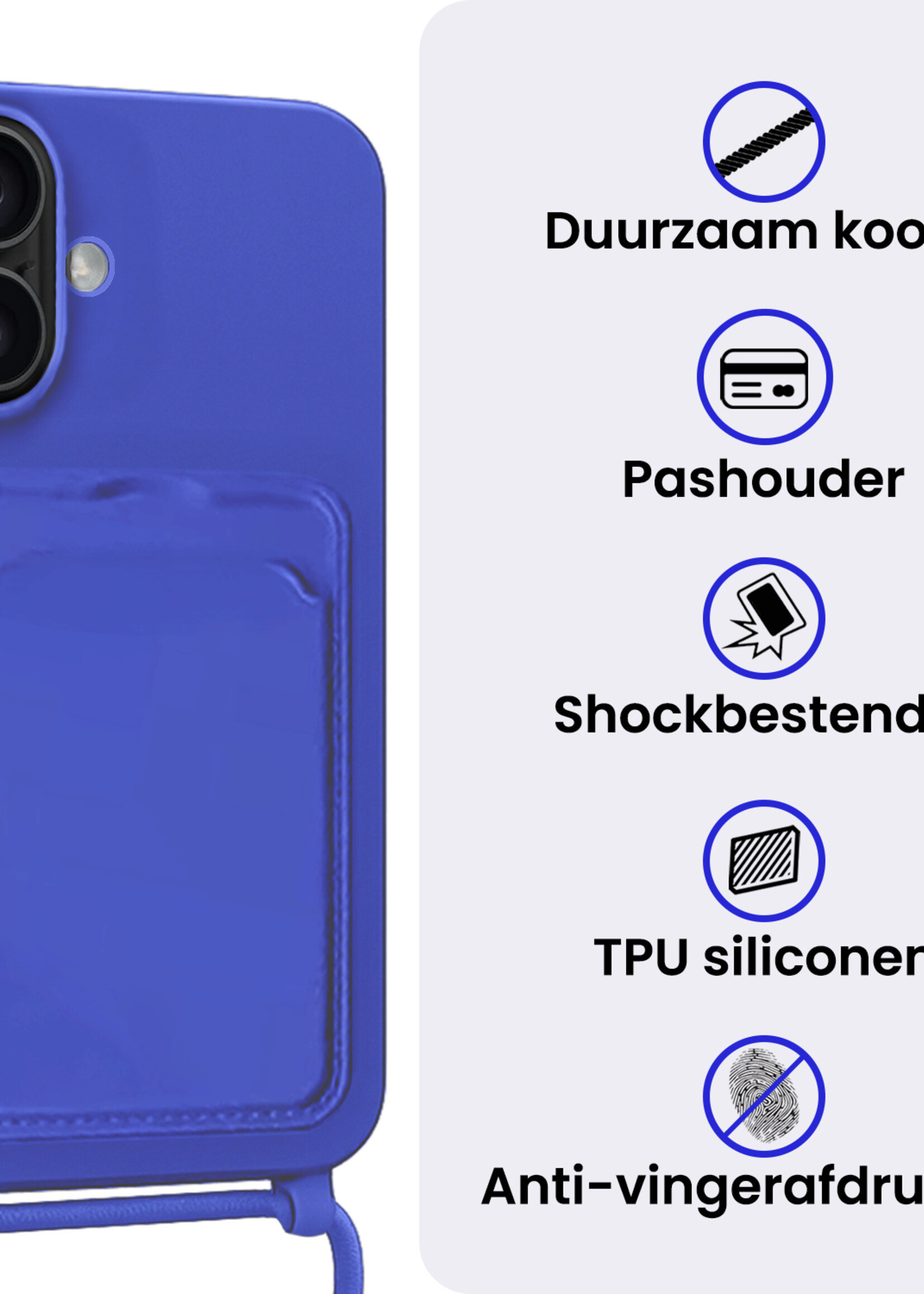 BTH BTH iPhone 16 Plus Hoesje Pashouder met Koord - Fel Blauw