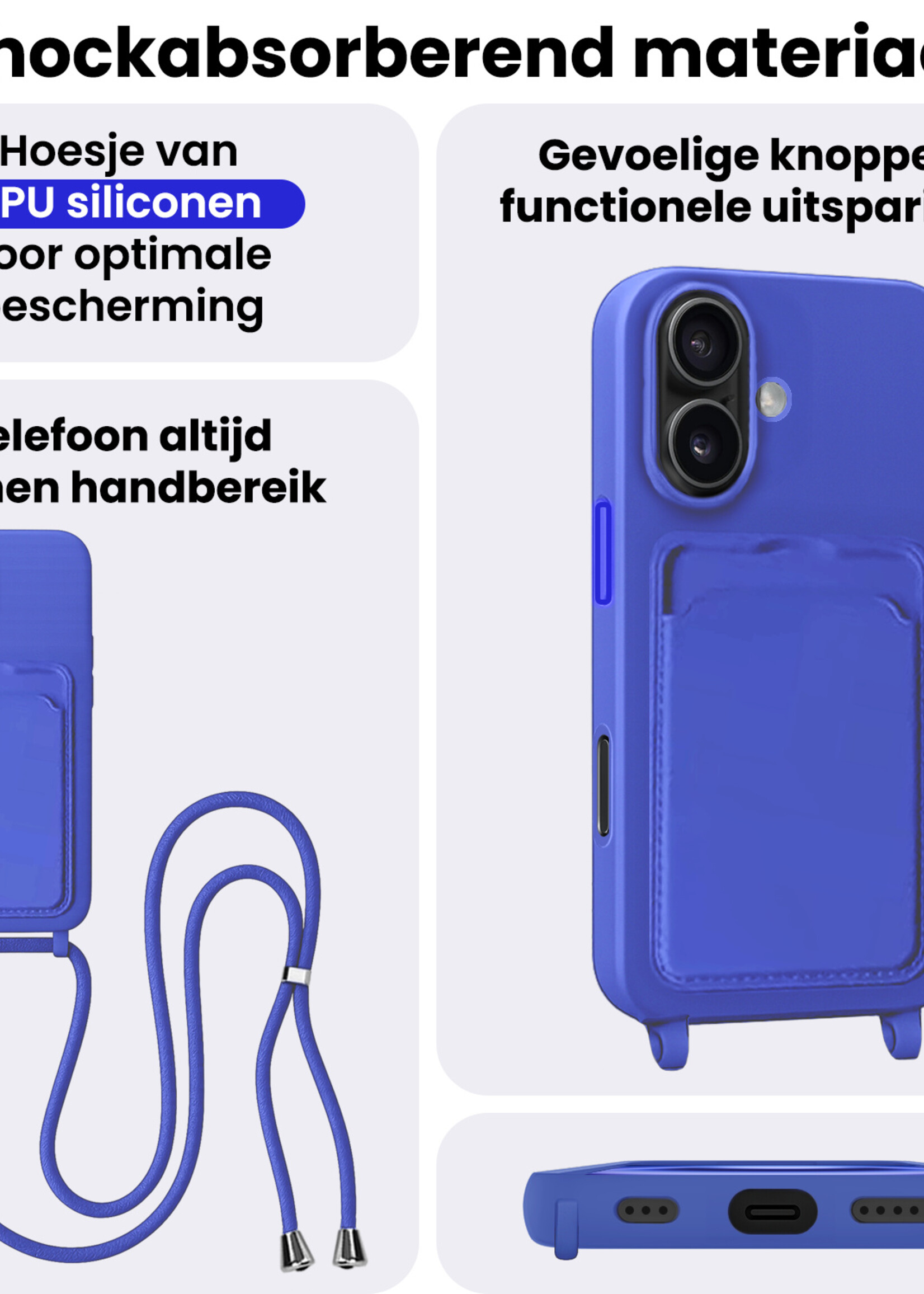 BTH BTH iPhone 16 Plus Hoesje Pashouder met Koord - Fel Blauw