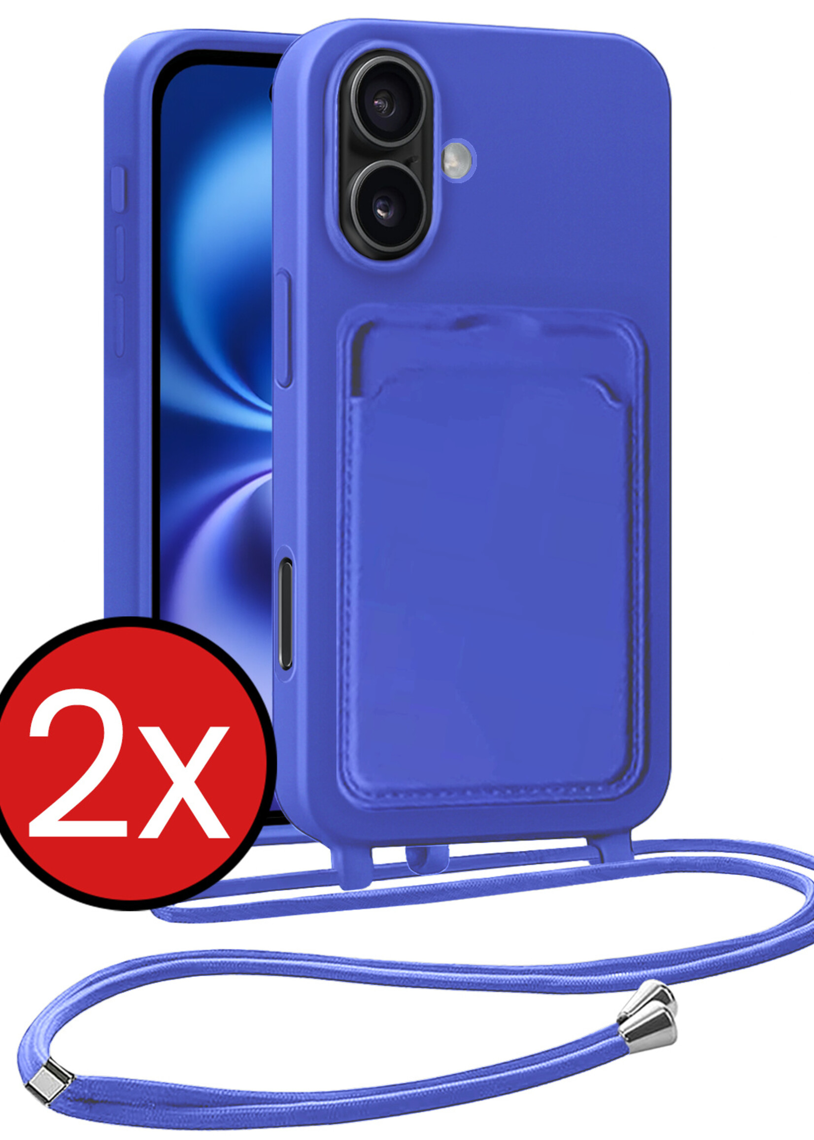 BTH BTH iPhone 16 Plus Hoesje Pashouder met Koord - Fel Blauw - 2 PACK