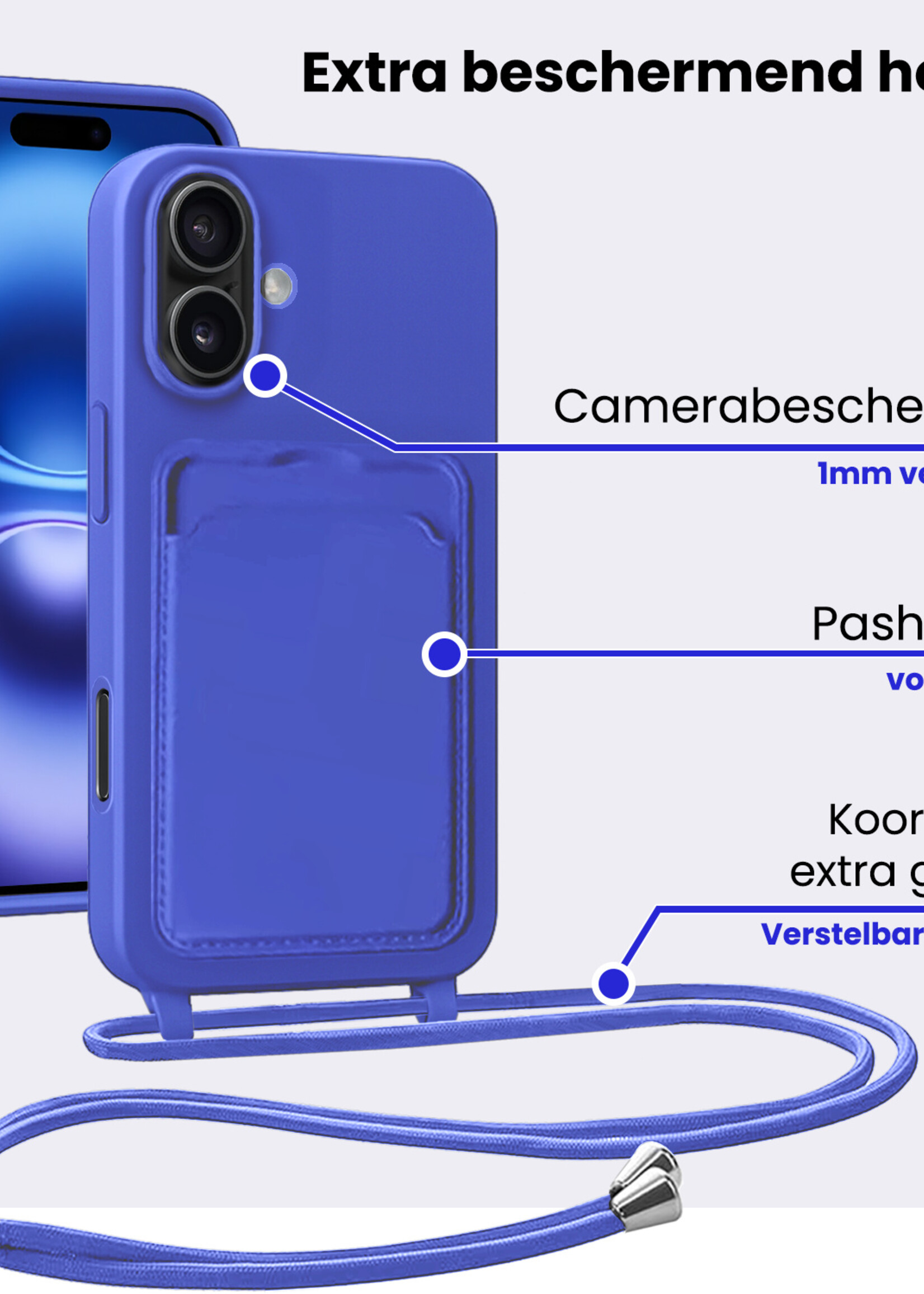 BTH BTH iPhone 16 Plus Hoesje Pashouder met Koord - Fel Blauw - 2 PACK