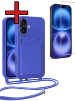 BTH BTH iPhone 16 Plus Hoesje Pashouder met Koord Met Screenprotector - Fel Blauw
