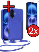 BTH BTH iPhone 16 Plus Hoesje Pashouder met Koord Met 2x Screenprotector - Fel Blauw