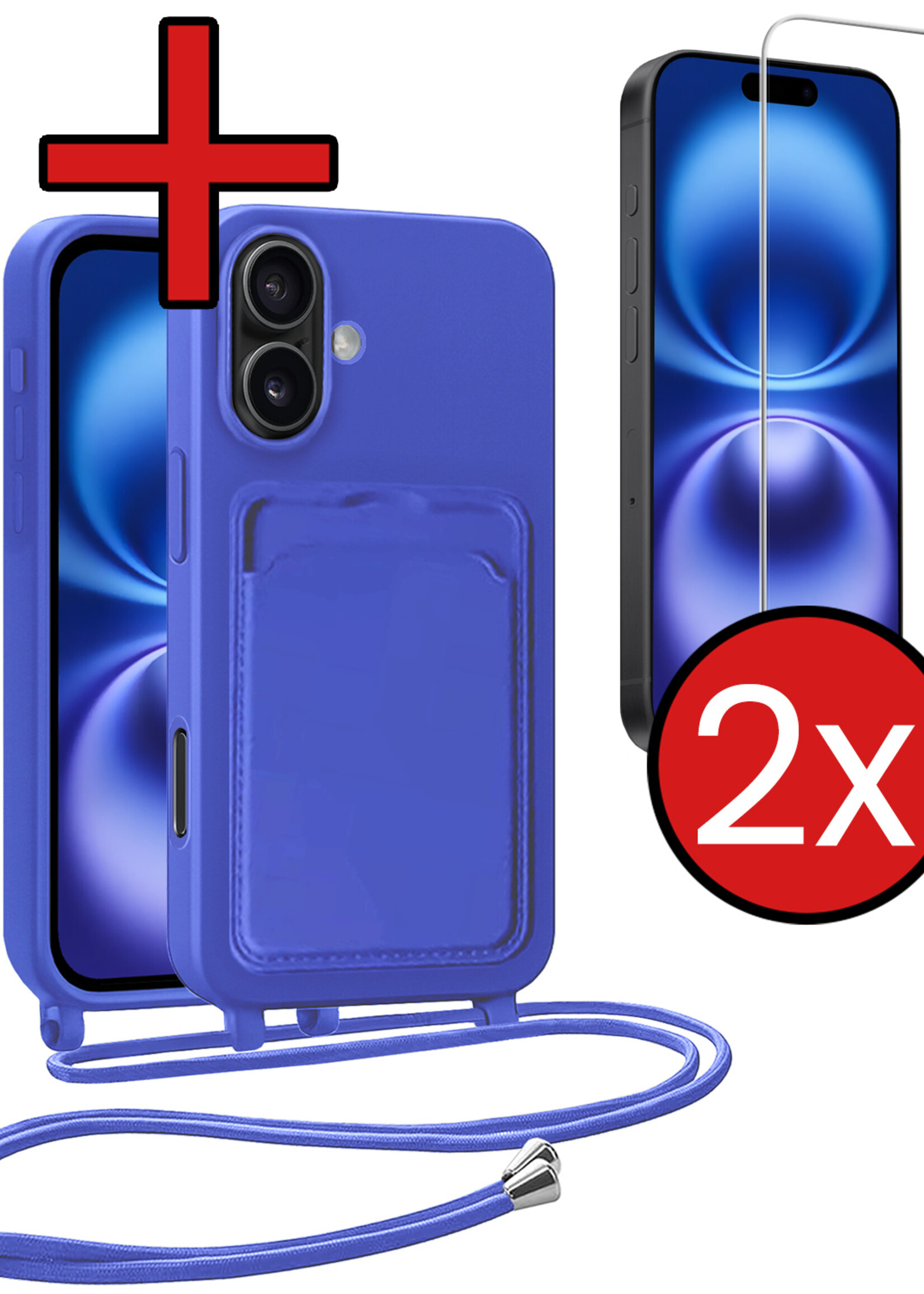 BTH BTH iPhone 16 Plus Hoesje Pashouder met Koord Met 2x Screenprotector - Fel Blauw