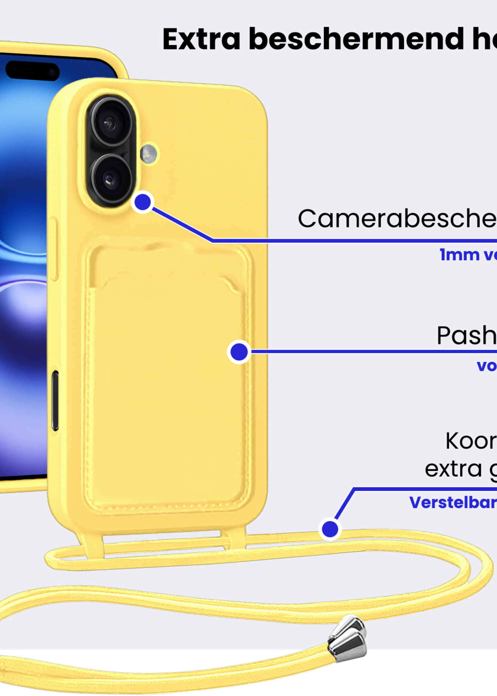 BTH BTH iPhone 16 Plus Hoesje Pashouder met Koord - Geel - 2 PACK