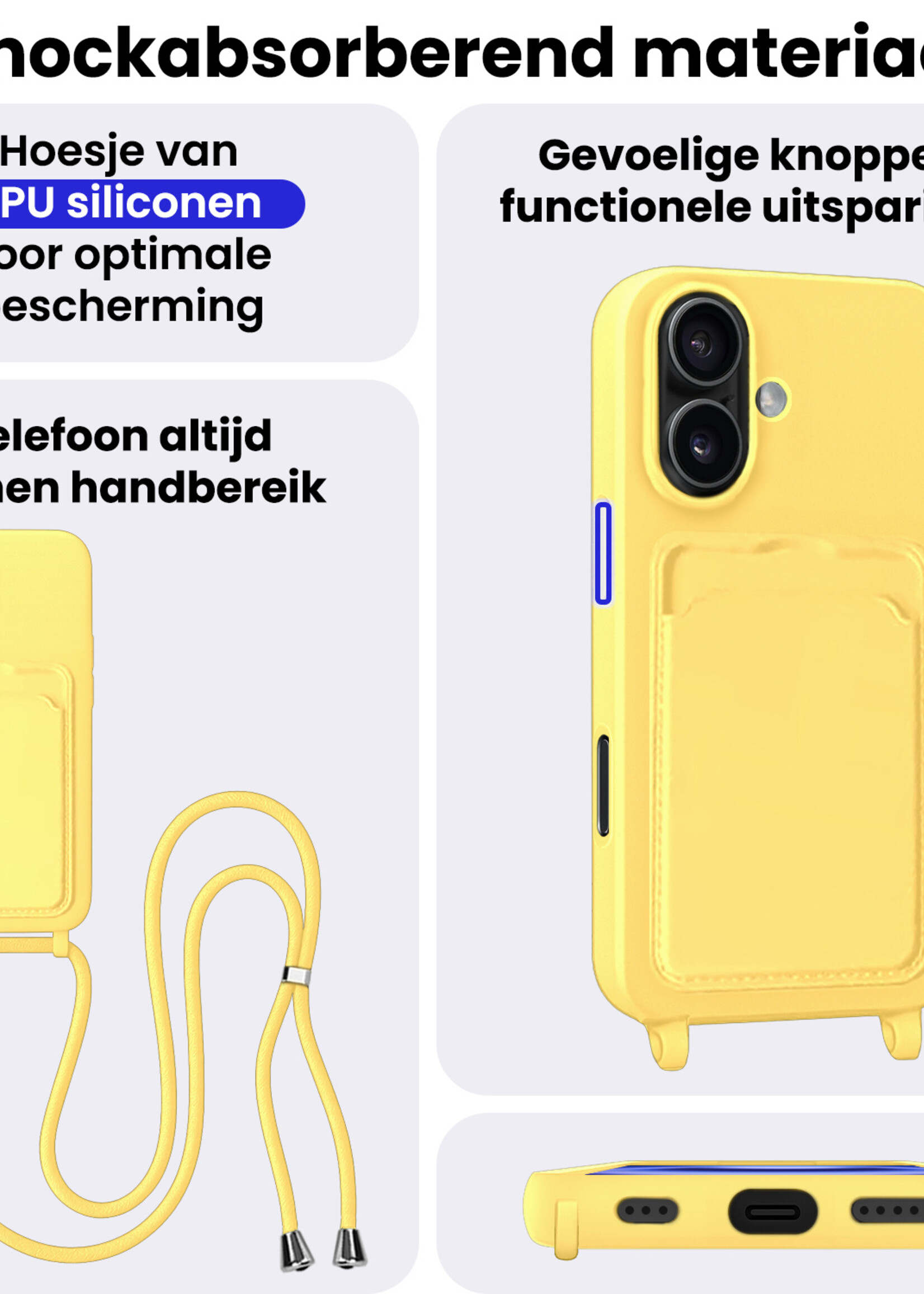 BTH BTH iPhone 16 Plus Hoesje Pashouder met Koord - Geel - 2 PACK