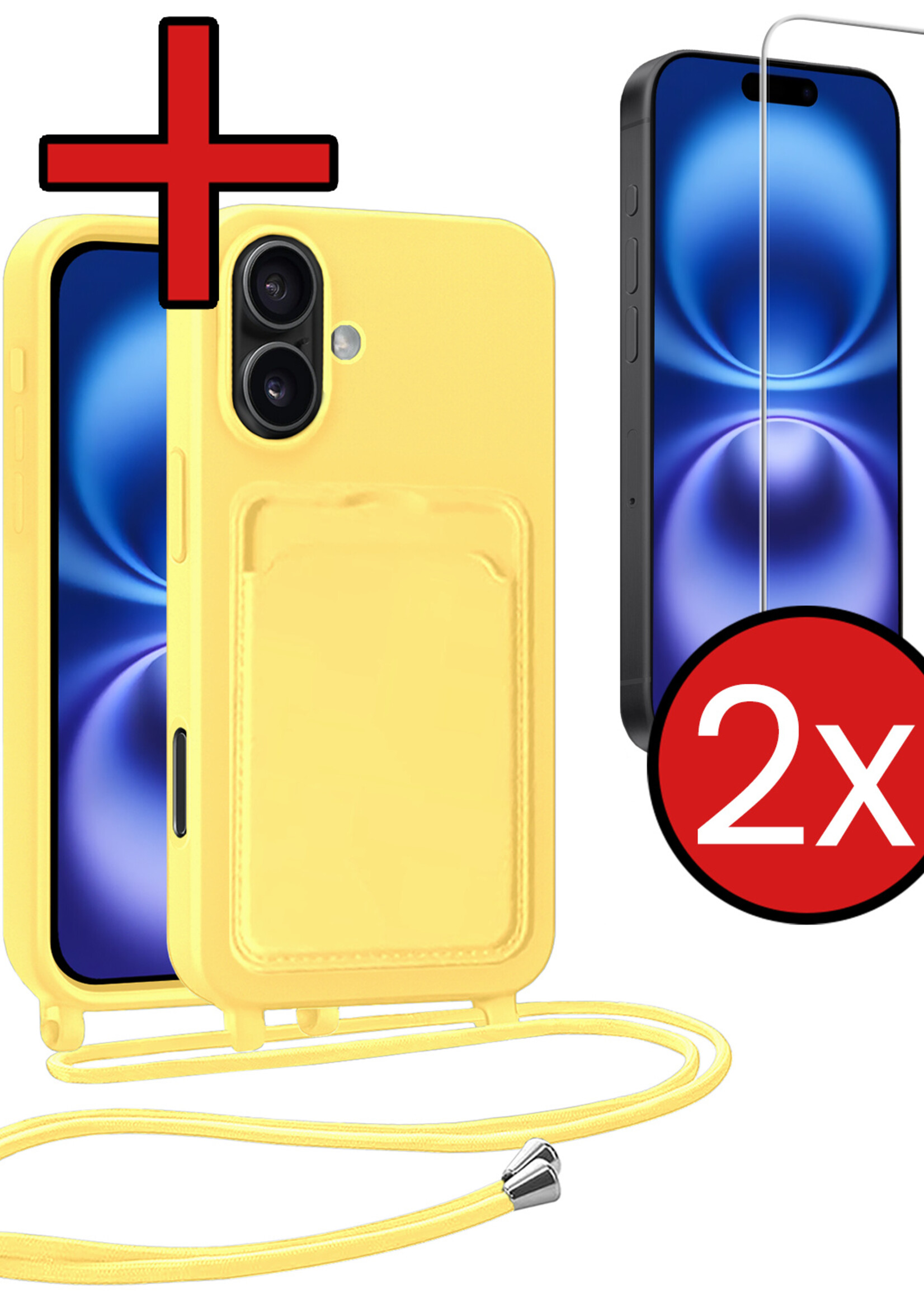 BTH BTH iPhone 16 Plus Hoesje Pashouder met Koord Met 2x Screenprotector - Geel