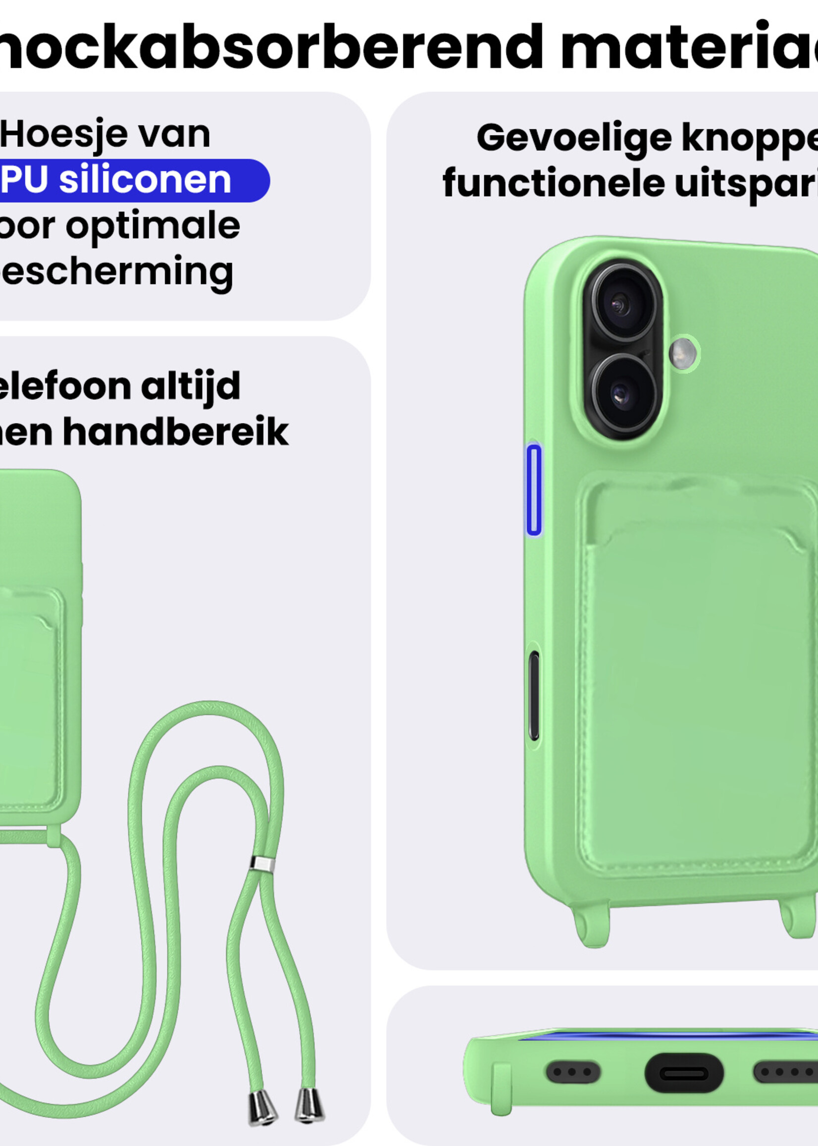 BTH BTH iPhone 16 Plus Hoesje Pashouder met Koord - Groen