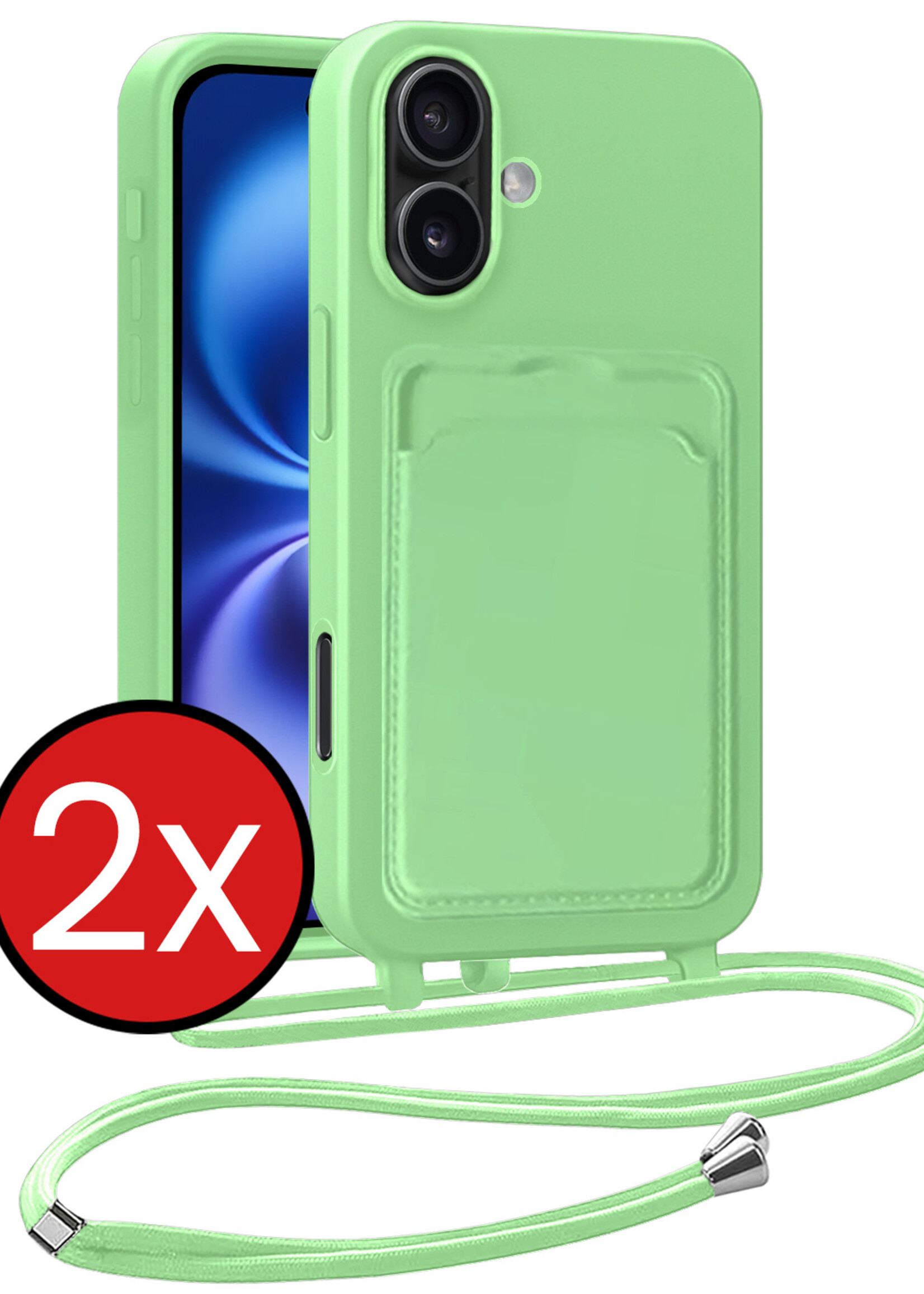 BTH BTH iPhone 16 Plus Hoesje Pashouder met Koord - Groen - 2 PACK