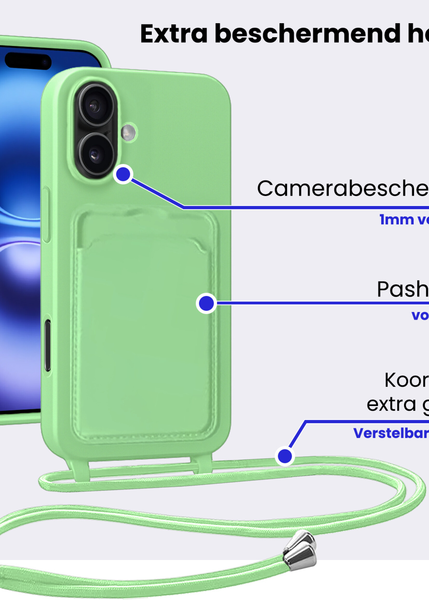 BTH BTH iPhone 16 Plus Hoesje Pashouder met Koord - Groen - 2 PACK
