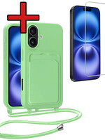 BTH BTH iPhone 16 Plus Hoesje Pashouder met Koord Met Screenprotector - Groen