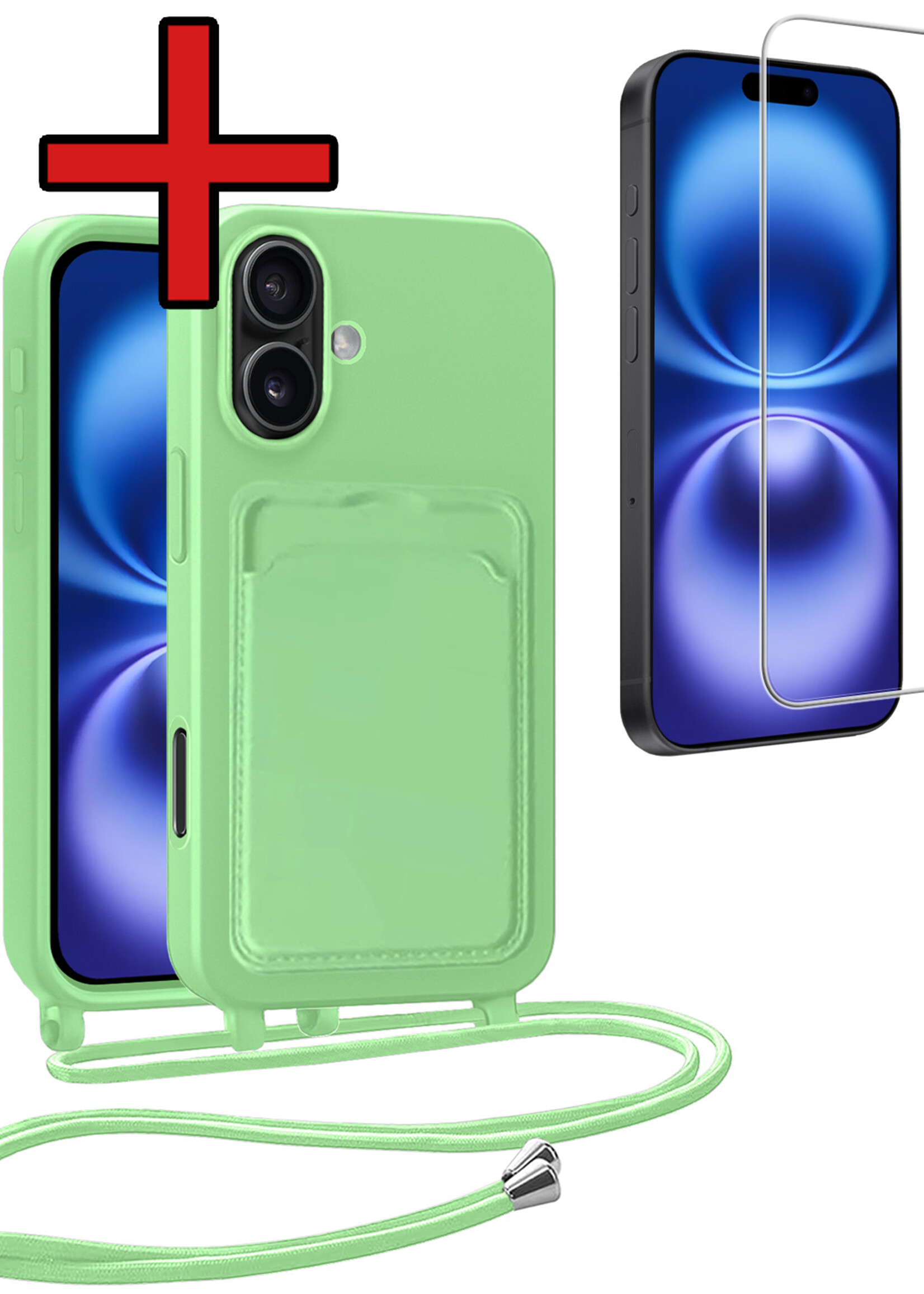 BTH BTH iPhone 16 Plus Hoesje Pashouder met Koord Met Screenprotector - Groen