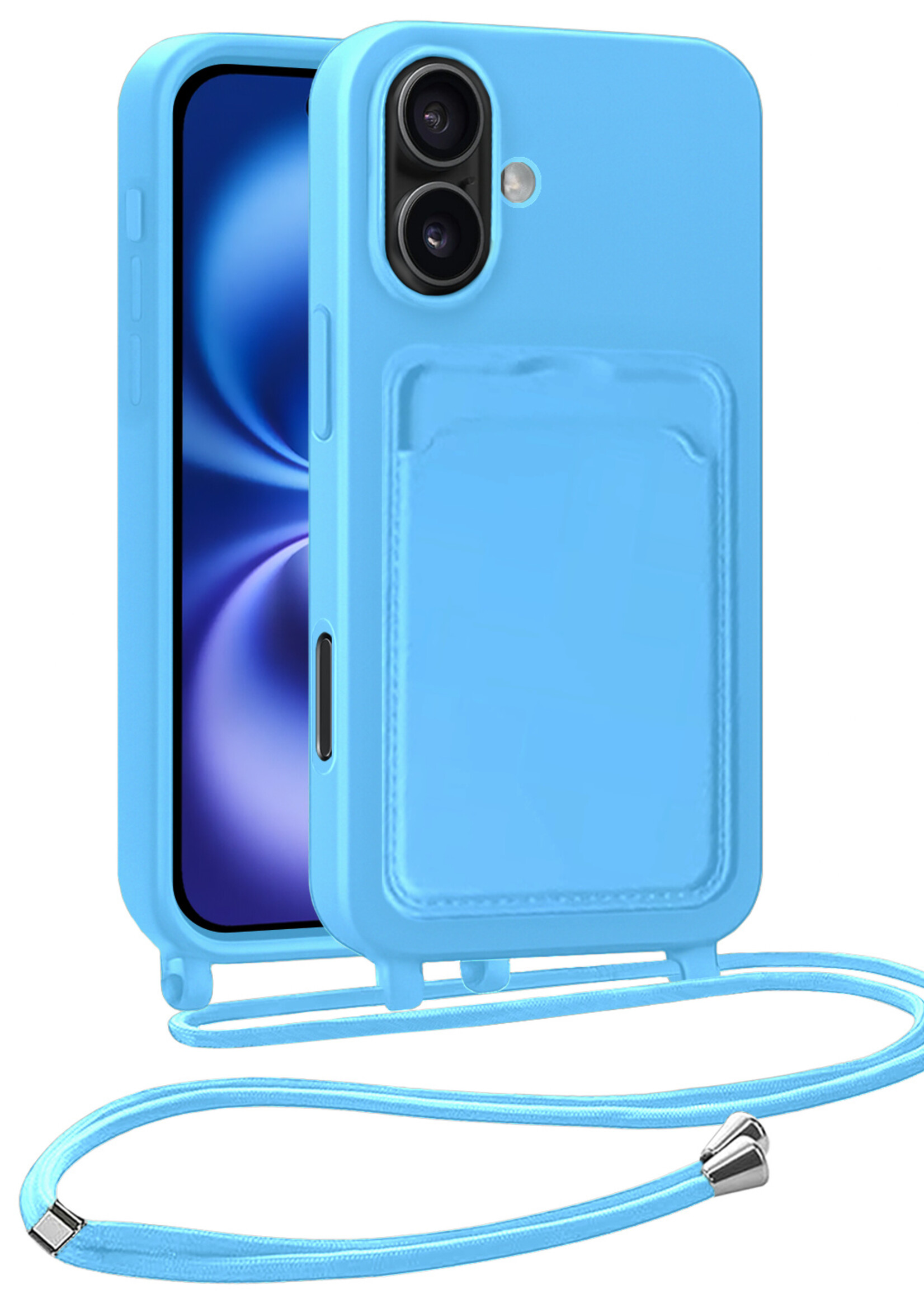 BTH BTH iPhone 16 Plus Hoesje Pashouder met Koord - Lichtblauw
