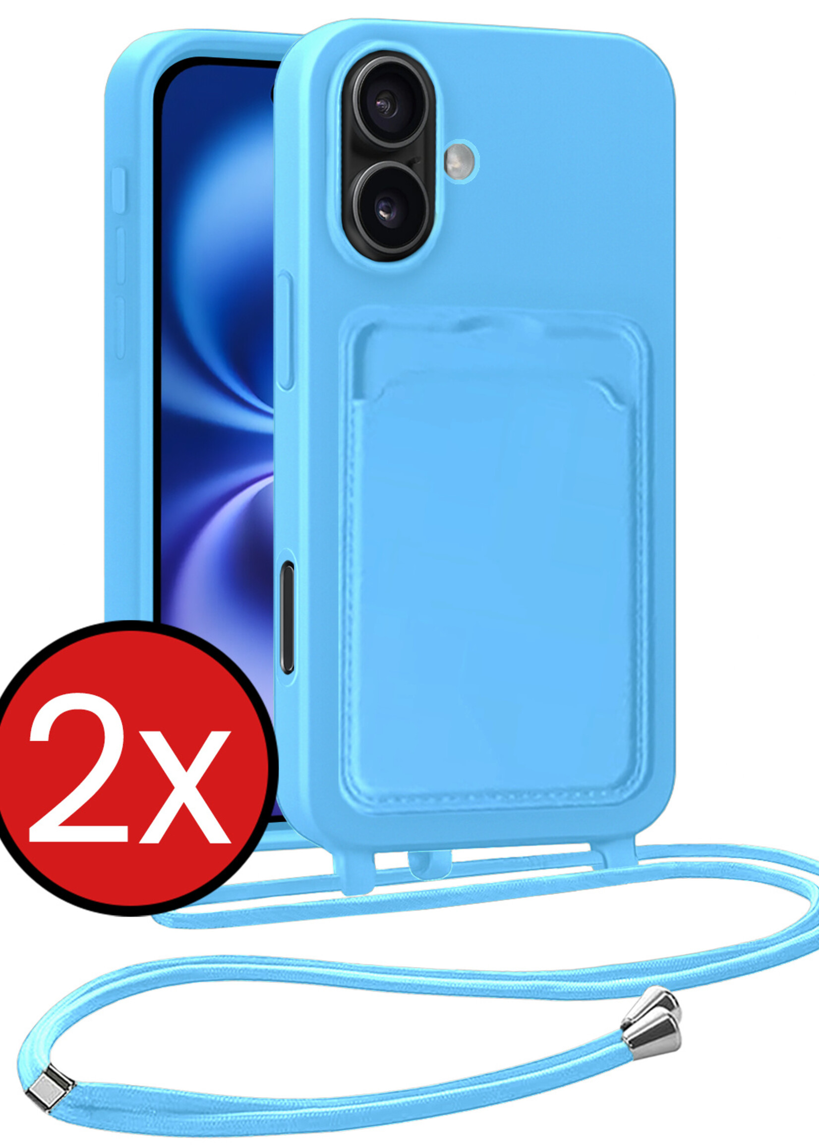 BTH BTH iPhone 16 Plus Hoesje Pashouder met Koord - Lichtblauw - 2 PACK