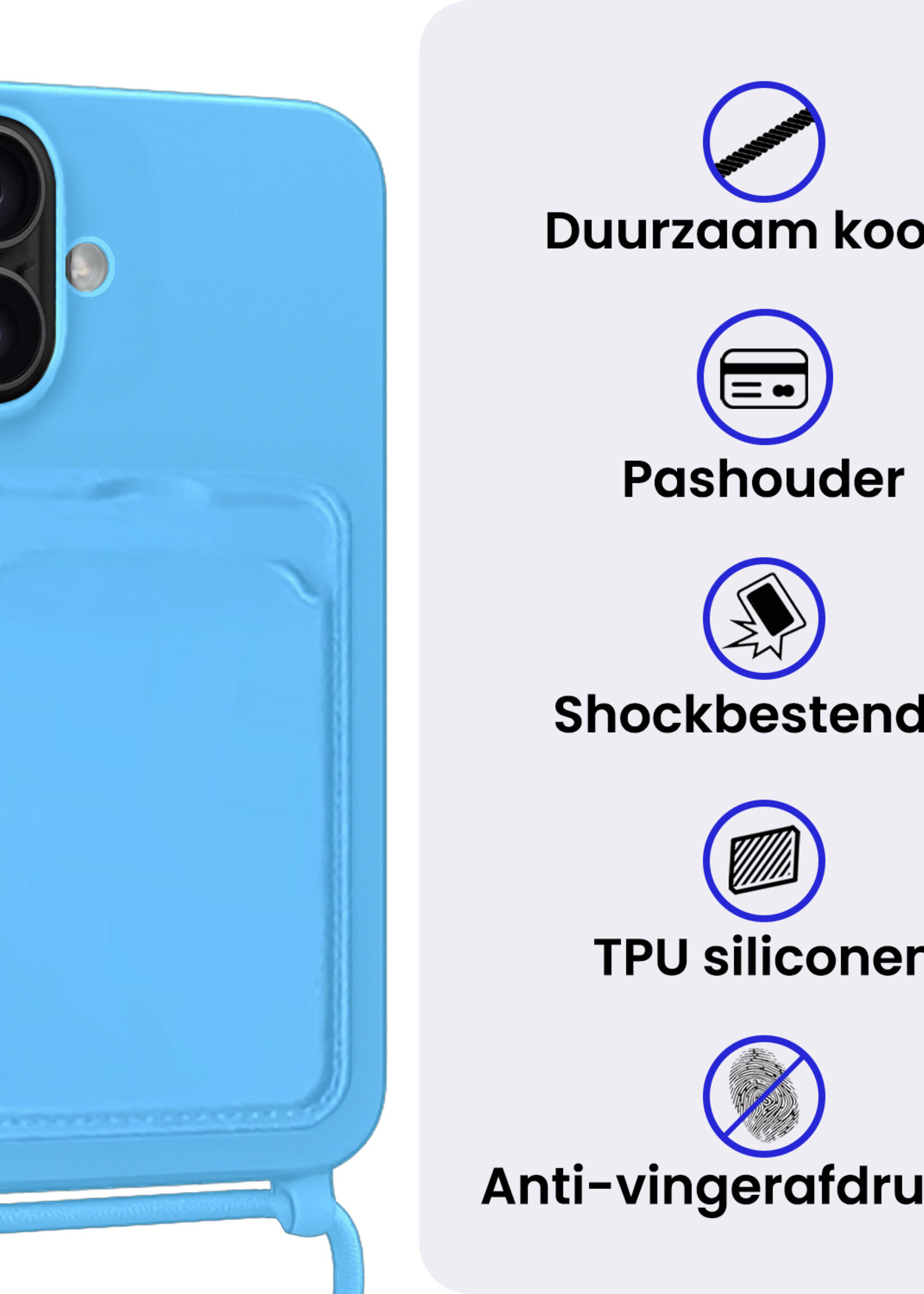 BTH BTH iPhone 16 Plus Hoesje Pashouder met Koord Met Screenprotector - Lichtblauw