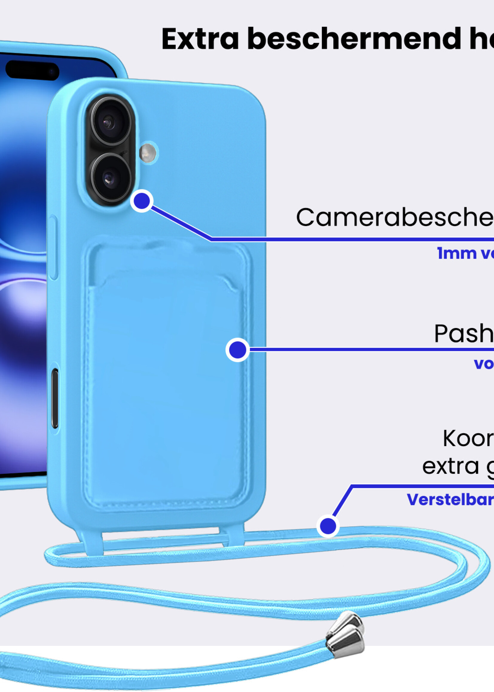 BTH BTH iPhone 16 Plus Hoesje Pashouder met Koord Met Screenprotector - Lichtblauw