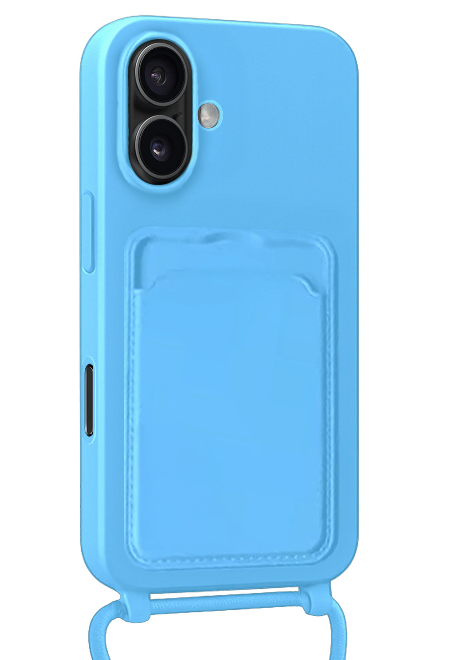 BTH BTH iPhone 16 Plus Hoesje Pashouder met Koord Met Screenprotector - Lichtblauw