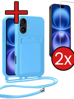 BTH BTH iPhone 16 Plus Hoesje Pashouder met Koord Met 2x Screenprotector - Lichtblauw