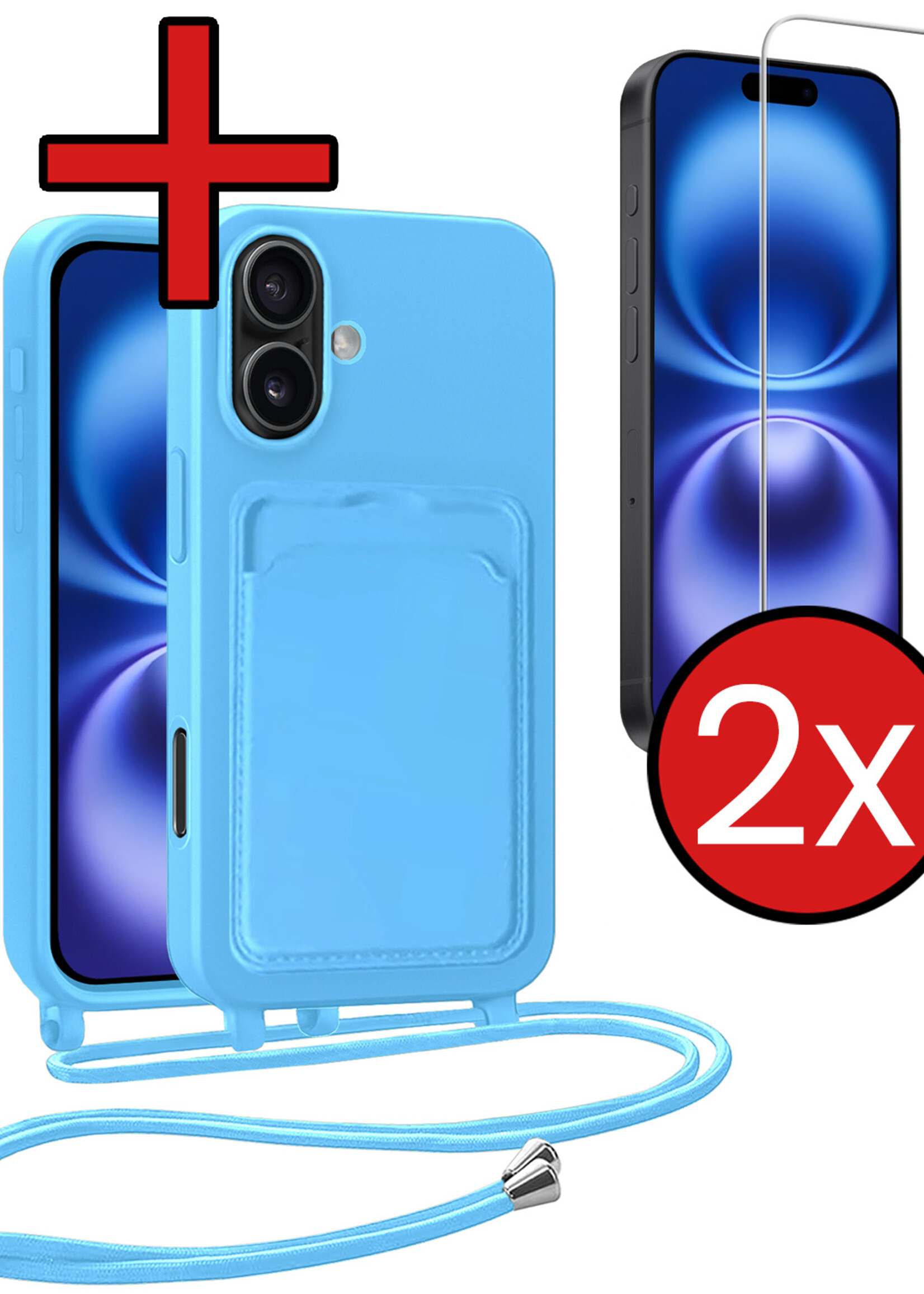 BTH BTH iPhone 16 Plus Hoesje Pashouder met Koord Met 2x Screenprotector - Lichtblauw