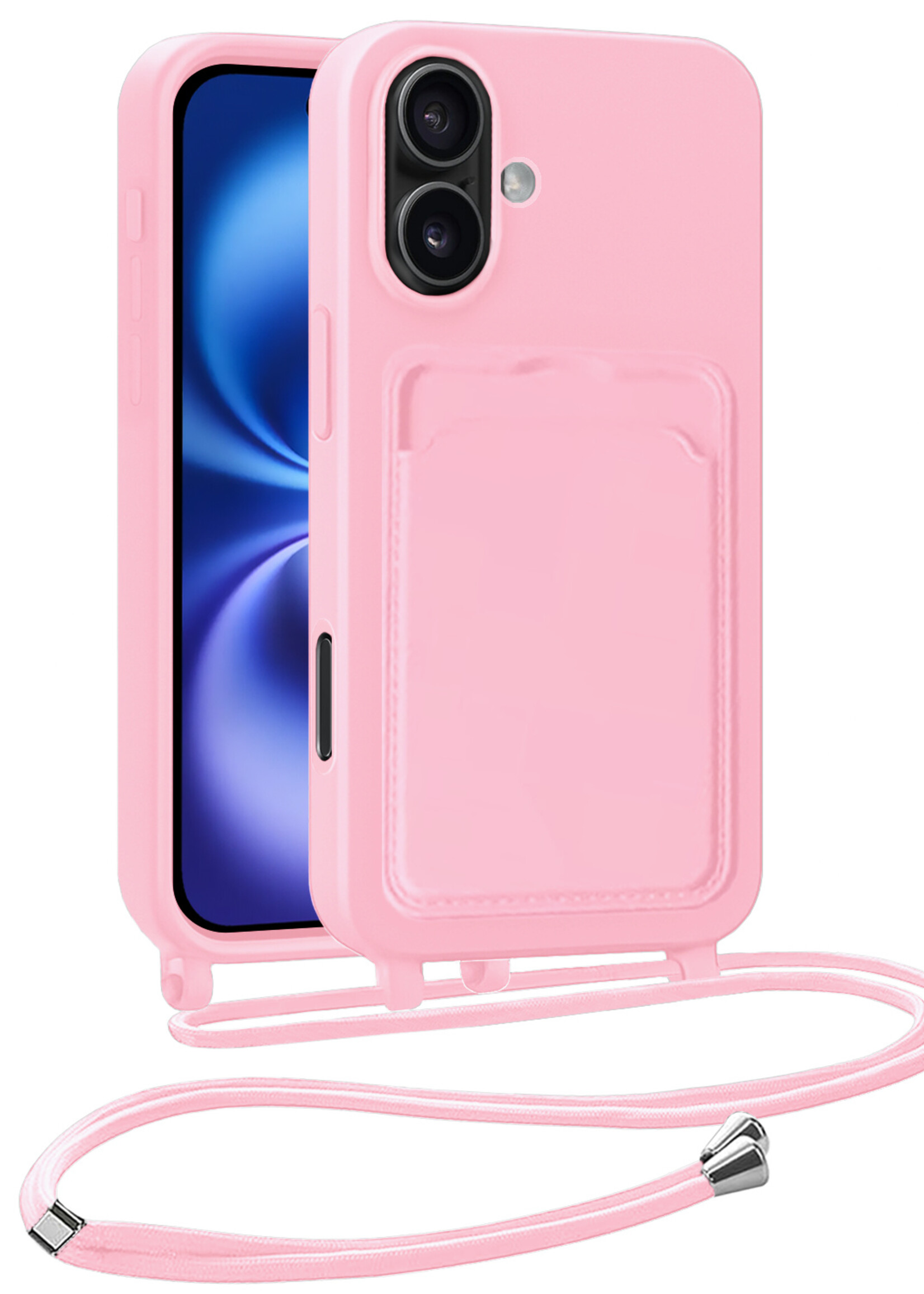 BTH BTH iPhone 16 Plus Hoesje Pashouder met Koord - Lichtroze