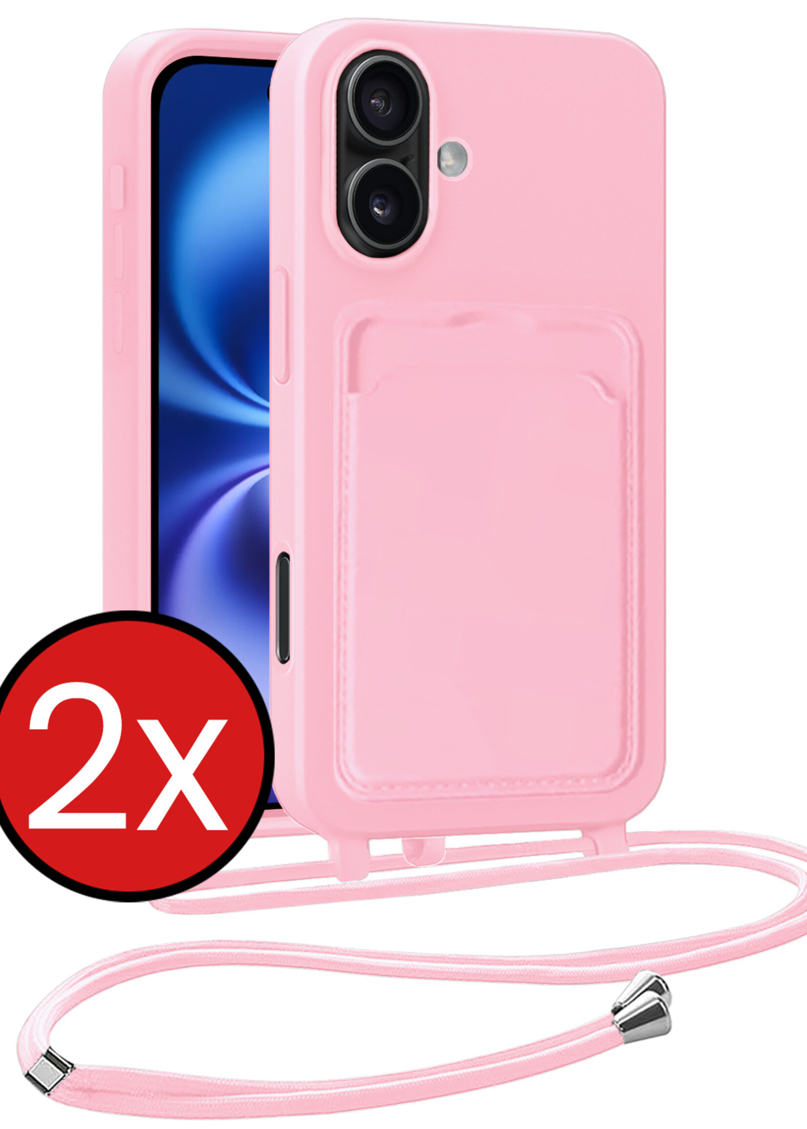 BTH BTH iPhone 16 Plus Hoesje Pashouder met Koord - Lichtroze - 2 PACK