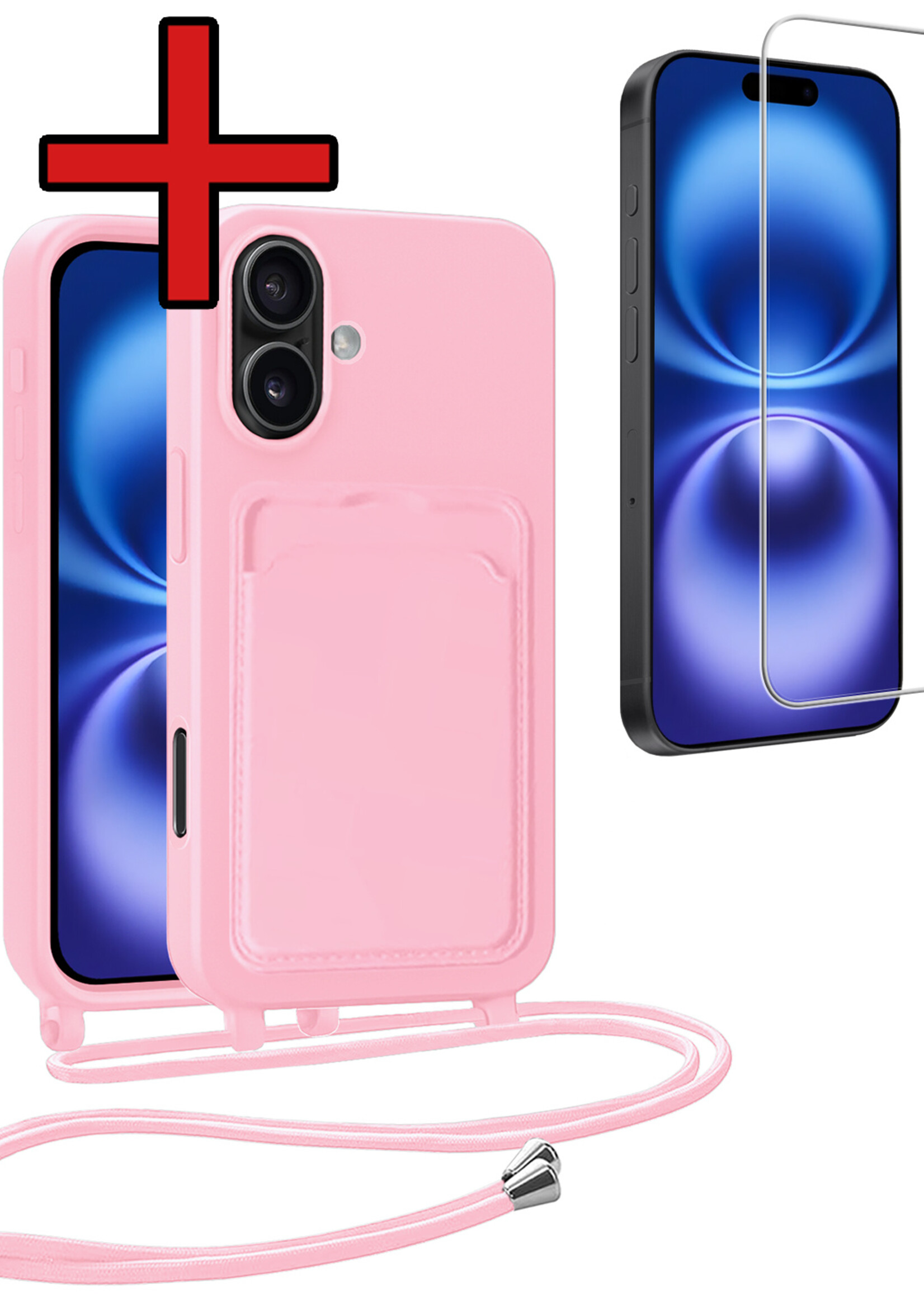 BTH BTH iPhone 16 Plus Hoesje Pashouder met Koord Met Screenprotector - Lichtroze