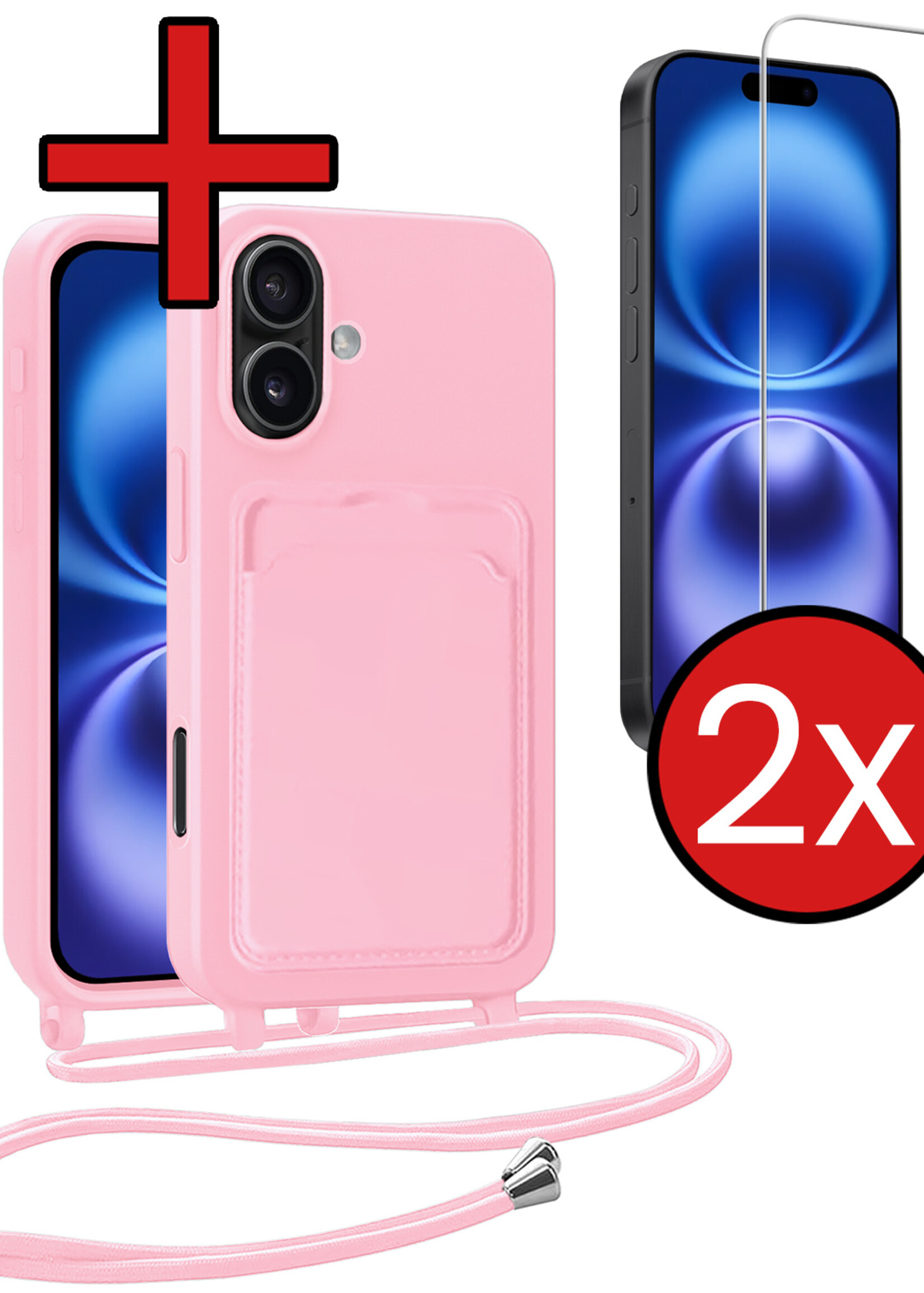 BTH BTH iPhone 16 Plus Hoesje Pashouder met Koord Met 2x Screenprotector - Lichtroze