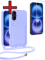 BTH BTH iPhone 16 Plus Hoesje Pashouder met Koord Met Screenprotector - Lila
