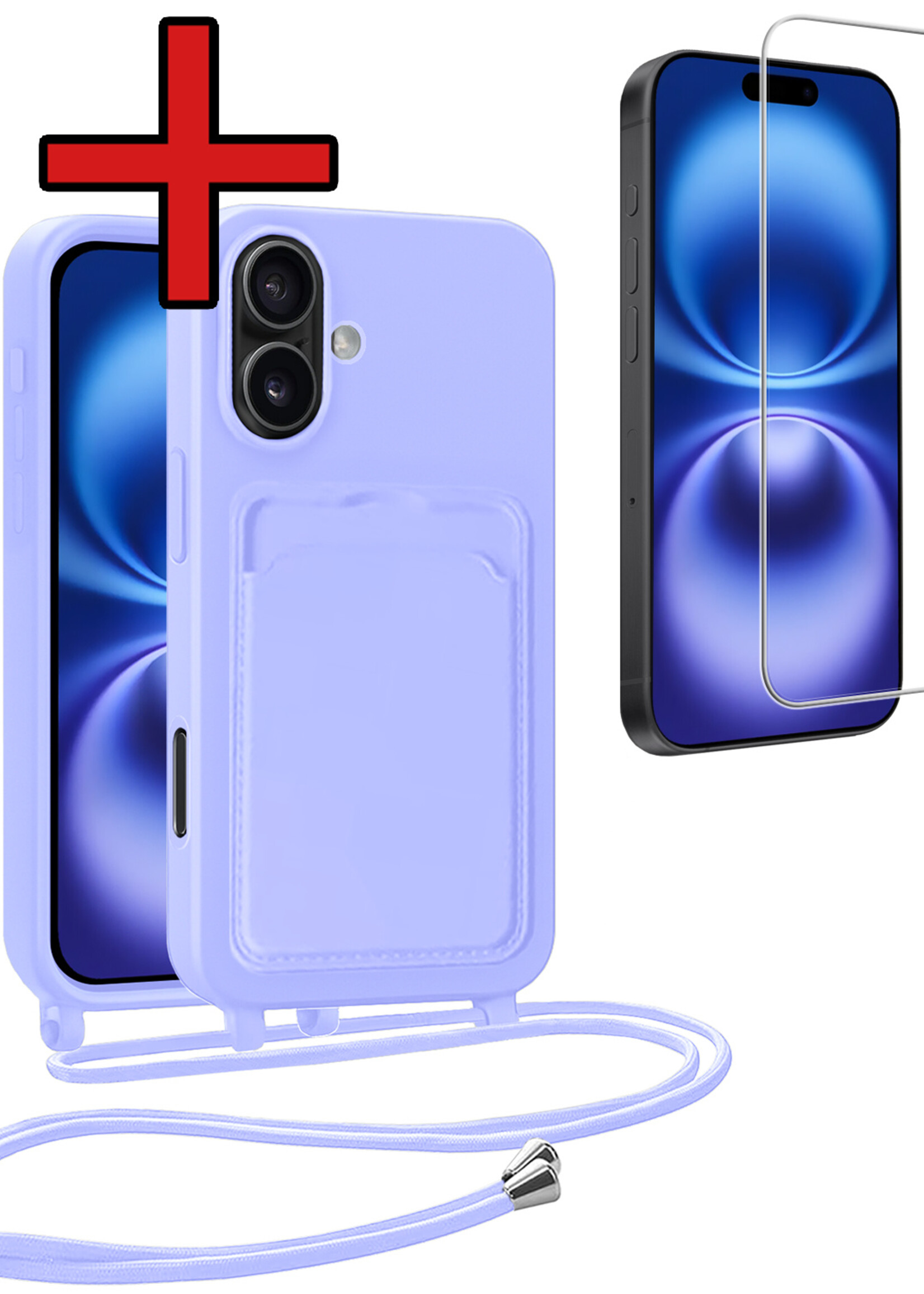 BTH BTH iPhone 16 Plus Hoesje Pashouder met Koord Met Screenprotector - Lila
