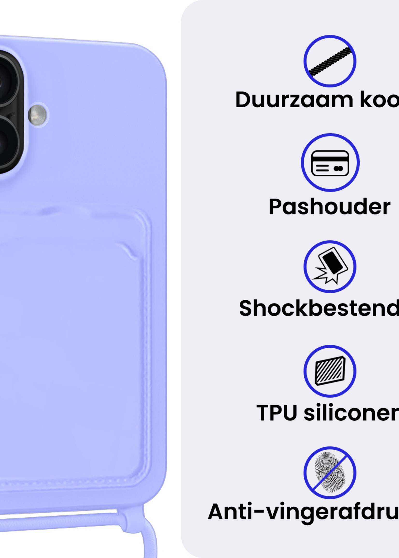 BTH BTH iPhone 16 Plus Hoesje Pashouder met Koord Met Screenprotector - Lila