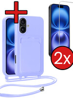 BTH BTH iPhone 16 Plus Hoesje Pashouder met Koord Met 2x Screenprotector - Lila