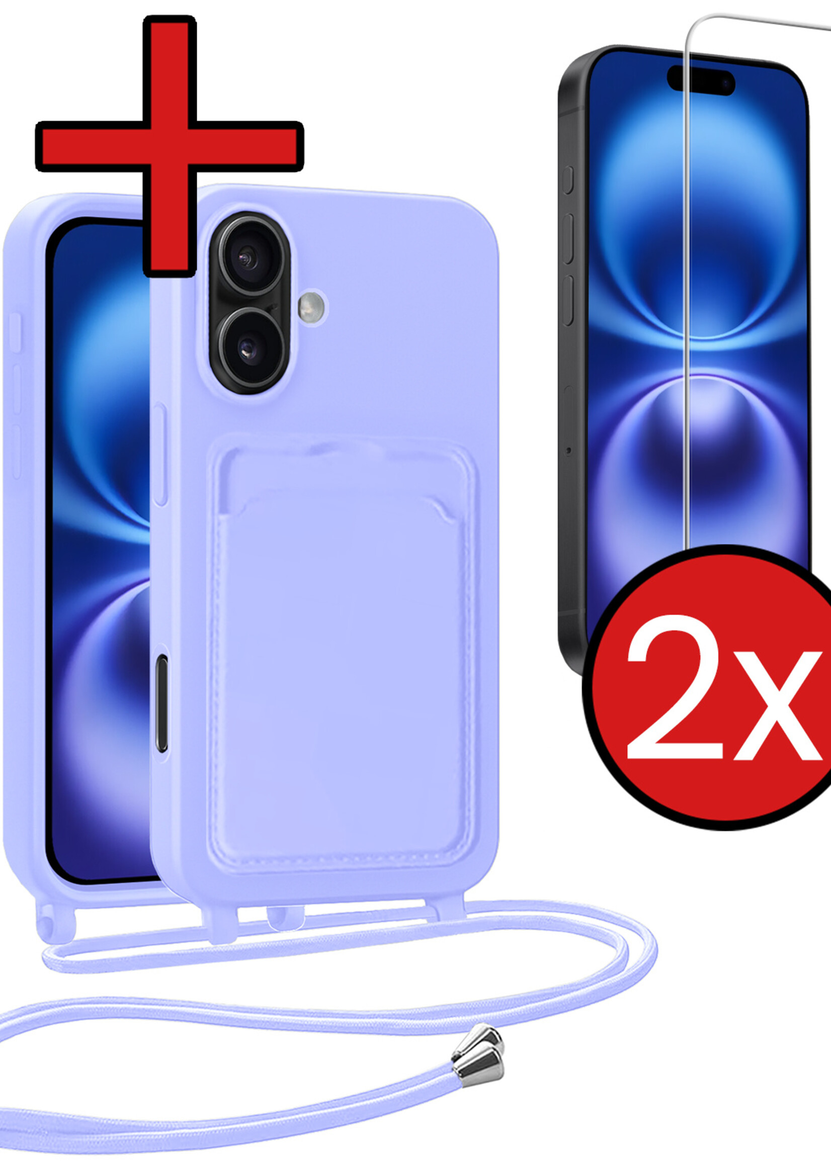 BTH BTH iPhone 16 Plus Hoesje Pashouder met Koord Met 2x Screenprotector - Lila