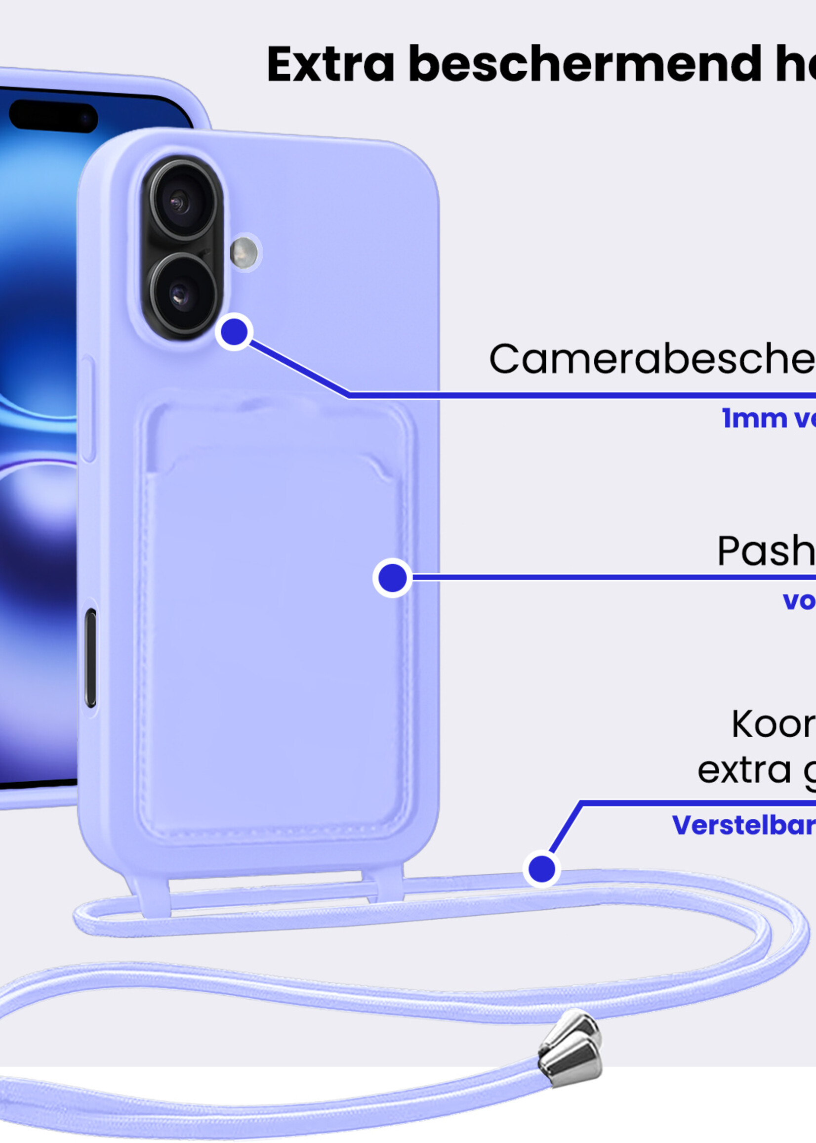 BTH BTH iPhone 16 Plus Hoesje Pashouder met Koord Met 2x Screenprotector - Lila