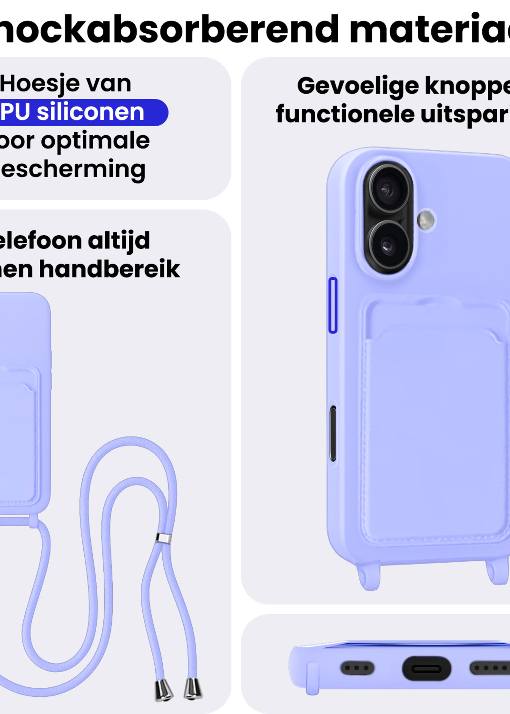 BTH BTH iPhone 16 Plus Hoesje Pashouder met Koord Met 2x Screenprotector - Lila