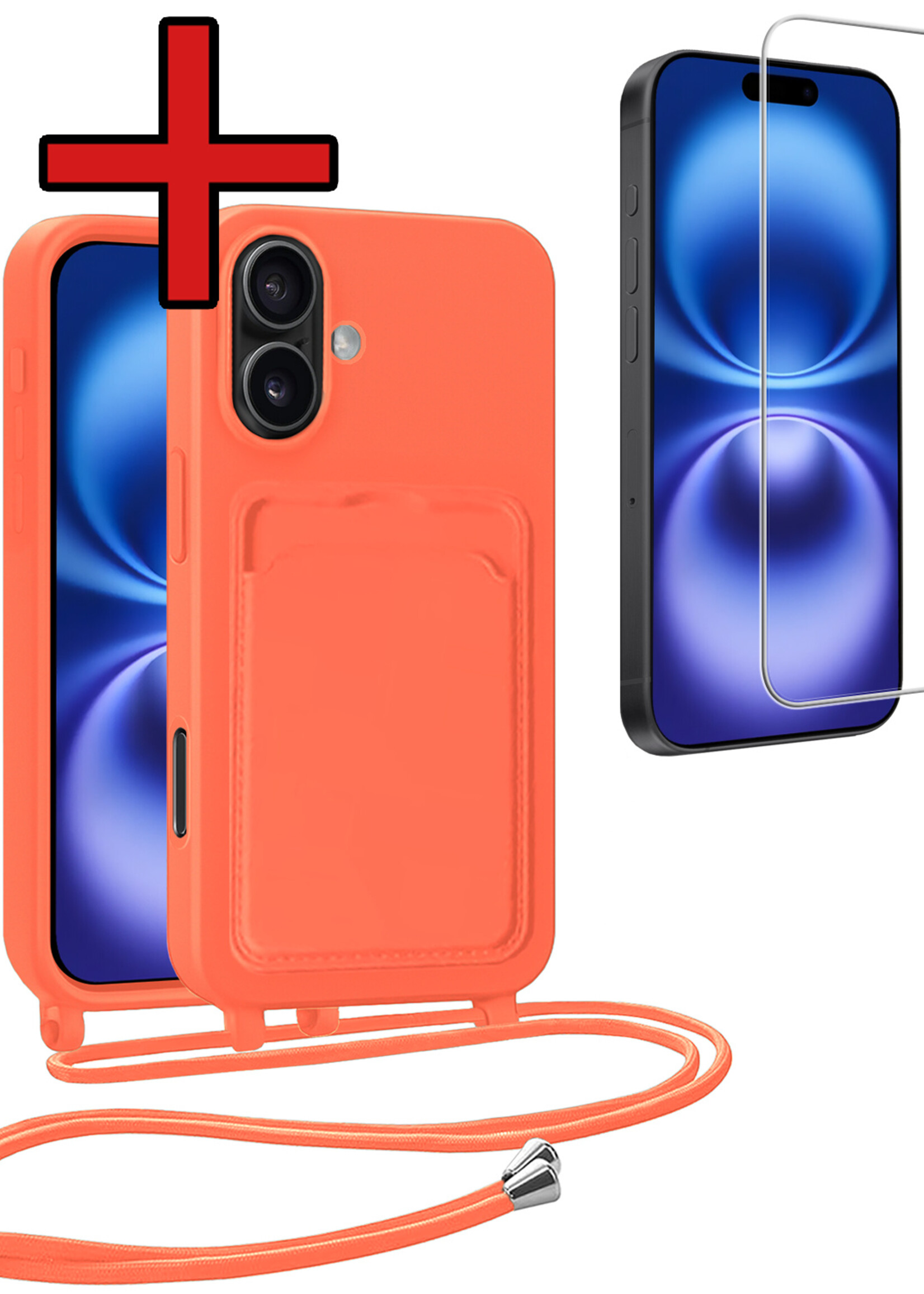 BTH BTH iPhone 16 Plus Hoesje Pashouder met Koord Met Screenprotector - Papaya